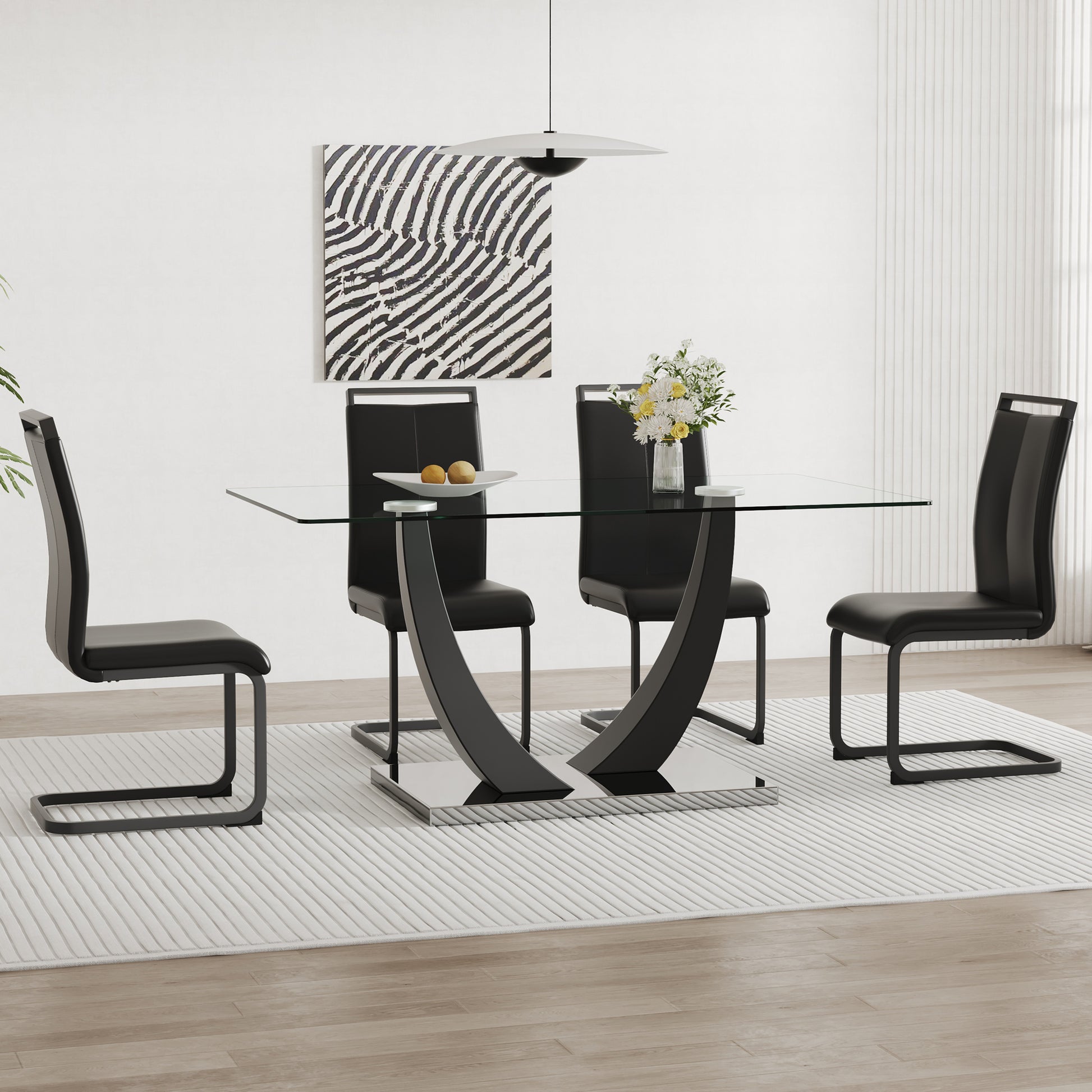 Table And Chair Set.Large Rectangular Glass Dining Table, 0.39 "Tempered Glass Countertop And Black Metal Shaped Bracket.Comes With Chairs With Faux Leather Cushions.Suitable For Kitchen, Dining Room. Black Seats 4 Glass Metal