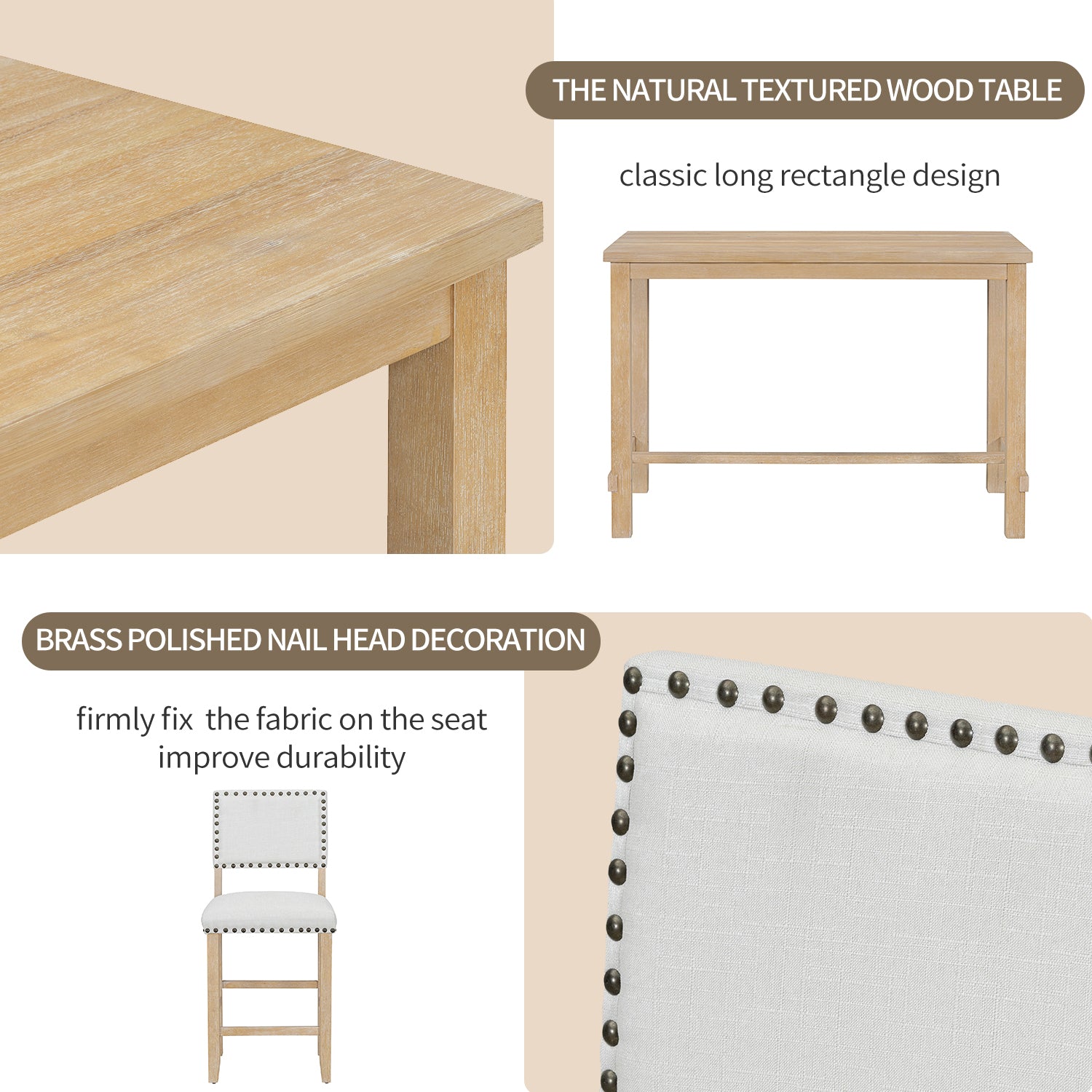 5 Piece Counter Height Dining Set, Classic Elegant Table And 4 Chairs In Natural Wood Wash Natural Wood Wash Solid Wood