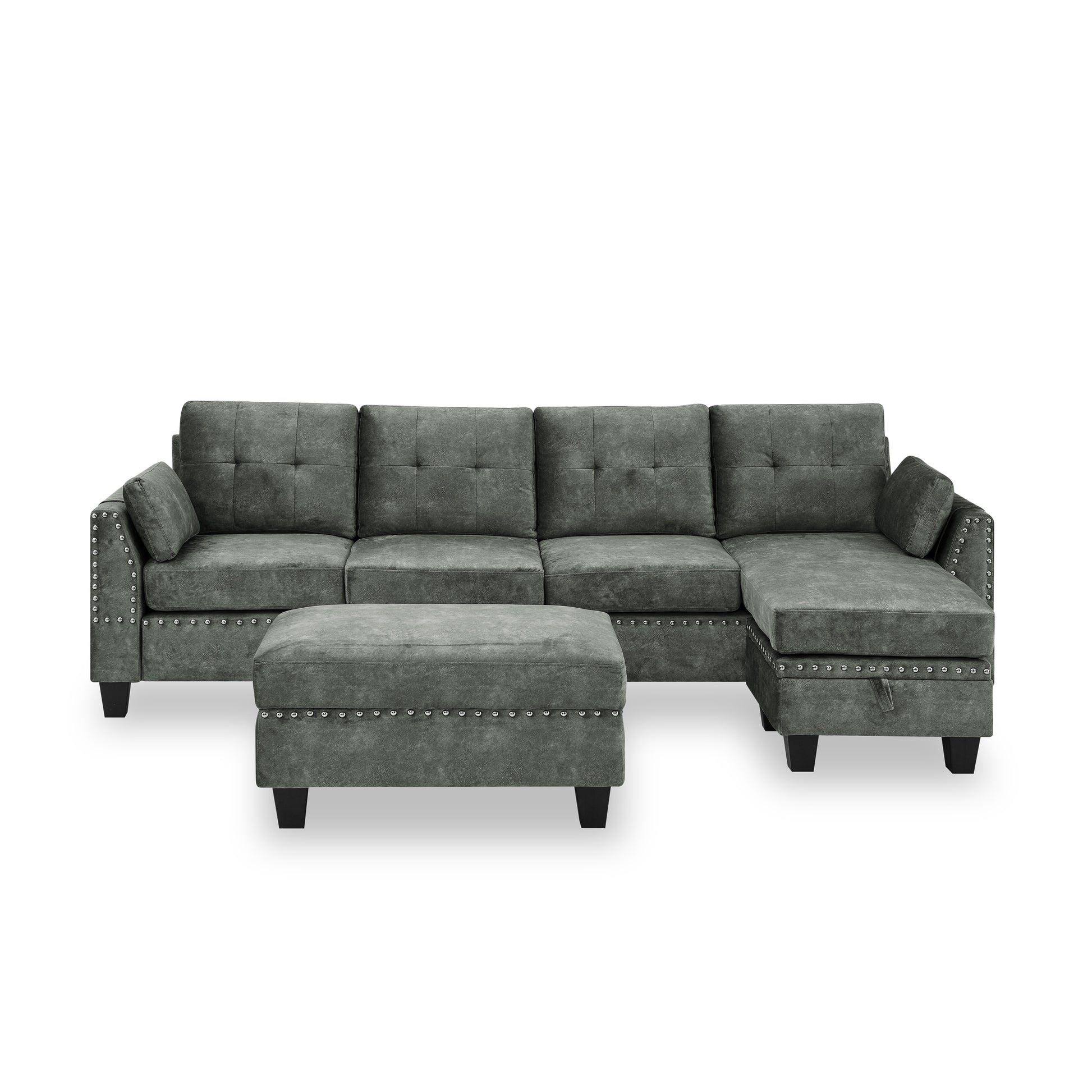 Sectional 3 Seaters Sofa ,Double Sided Multi Functional Footstool, Storage Matnon Slip Leg, Two Pillows, Velvet, Light Grey Light Grey Velvet 3 Seat