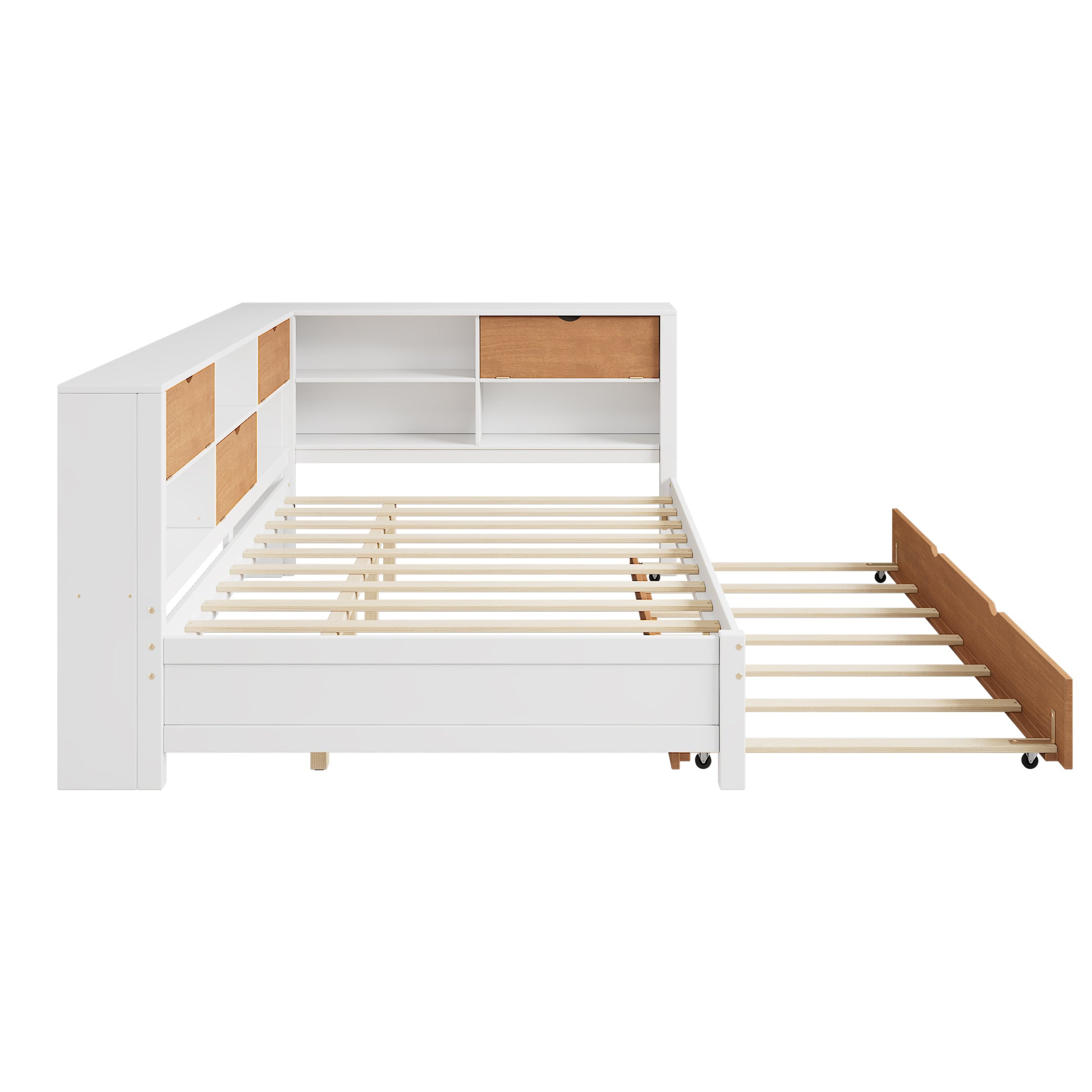 L Shaped Bed Frame With Trundle And And Bookcase,Corner Bed Wooden Captain Bed With Led Downlight And Usb Port For Small Room,Bedroom, Guest Room, Full Size, Walnut And White Box Spring Not Required Full White Walnut Wood Bedroom Modern Pine Bed Frame