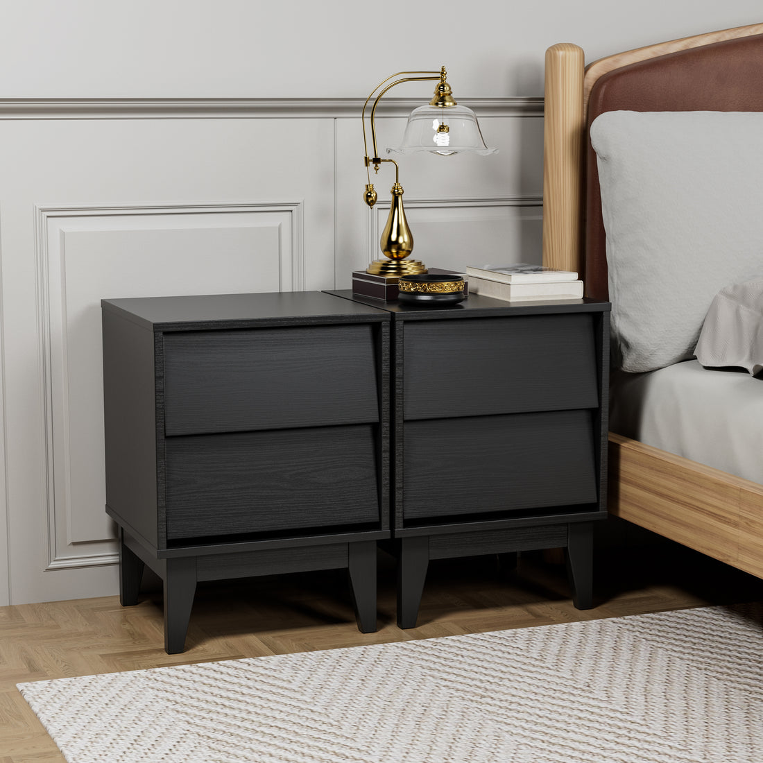 2 Set Nightstands Features Vintage Style And Bevel Design, Made Of Mdf, Mid Century Modern Nightstand, Night Stand For Bedroom Black Mdf