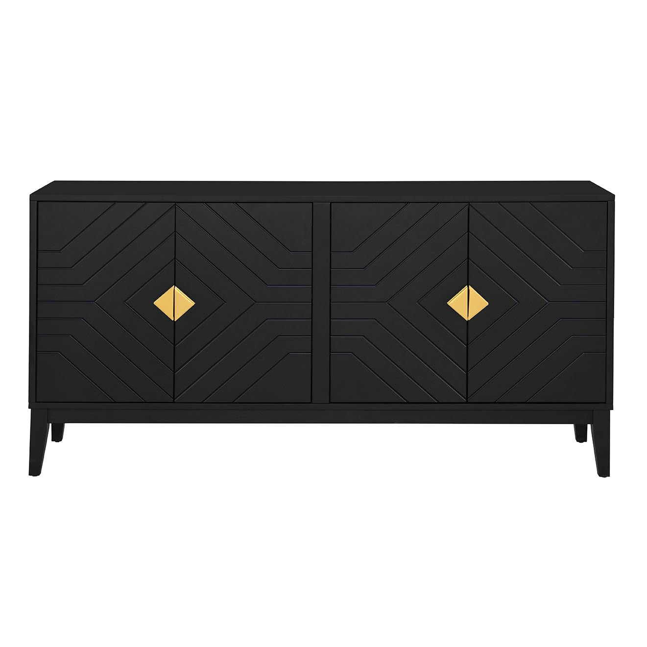 4 Door Sideboard Storage Cabinet For Living Room And Dining Room, Two Large Cabinets With Gold Handles And Adjustable Shelf, Black Black Rubberwood Solid Wood Mdf