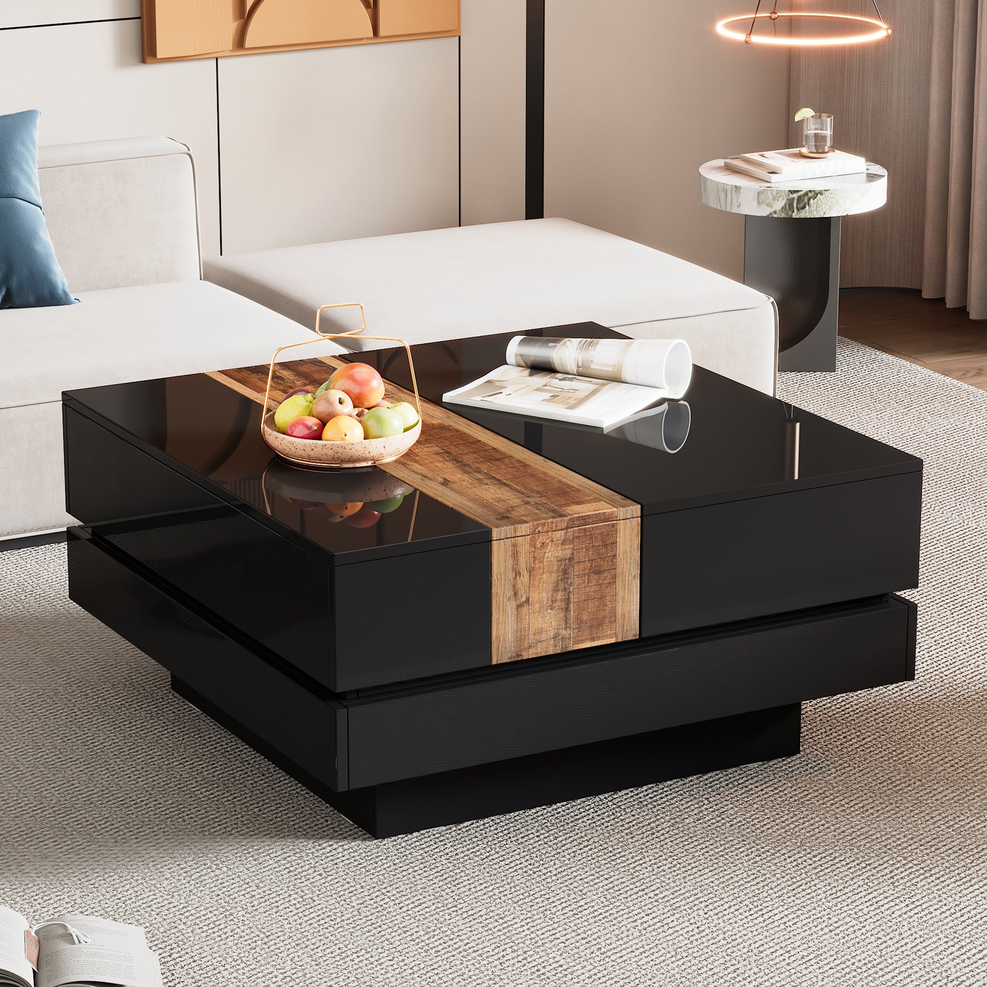 31.4'' X 31.4'' Square Coffee Table With Sliding Tabletop, High Gloss Center Table With Hidden Storage Compartment, Extendable Cocktail Table With Walnut Grain Finish For Living Room, Black Black Square Mdf