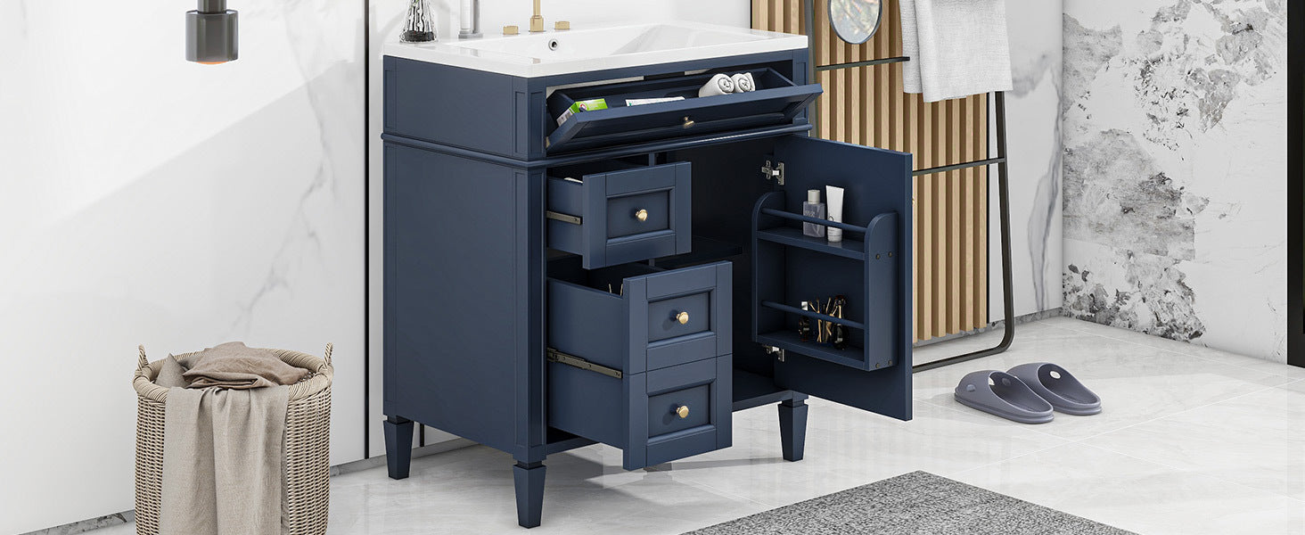 30'' Bathroom Vanity With Top Sink, Modern Bathroom Storage Cabinet With 2 Drawers And A Tip Out Drawer, Single Sink Bathroom Vanity 3 Blue 1 Soft Close Doors Bathroom Freestanding Mdf Painted