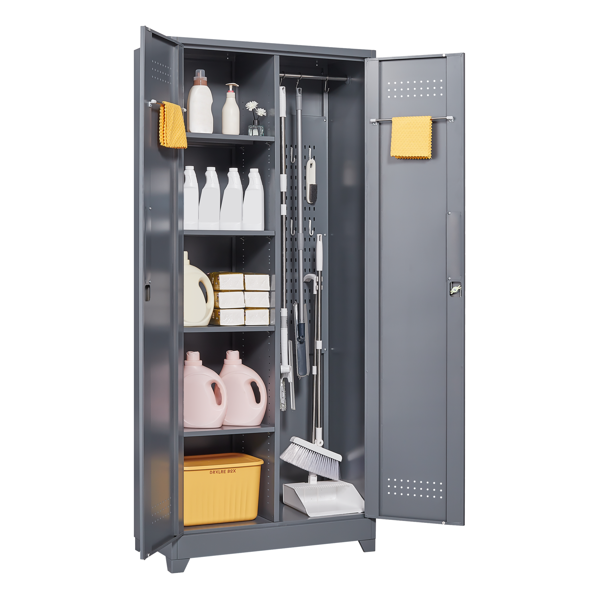 Metal Storage Cabinets, Cleaning Tool Cabinet With Locking Door, Tall Broom Tool Organizer And Storage, Large Storage Cabinet For Kitchen, Pantry, Office, Shop 3 4 Shelves Grey Door Locks Modern Metal