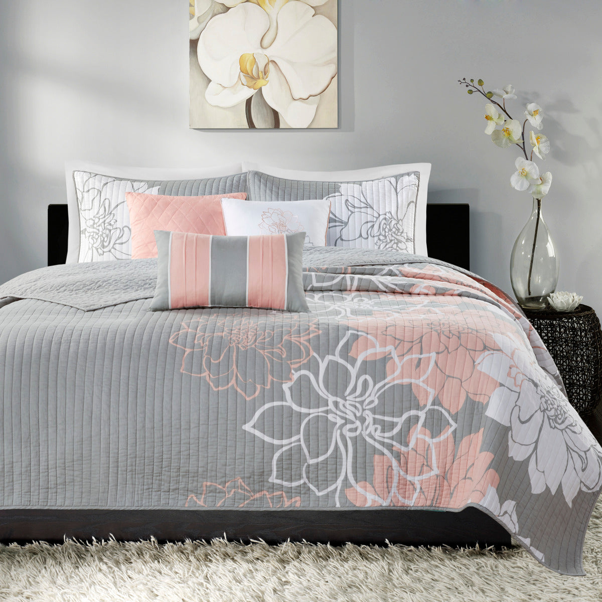 6 Piece Printed Cotton Quilt Set With Throw Pillows Grey Peach King Cal King King Grey Peach Polyester
