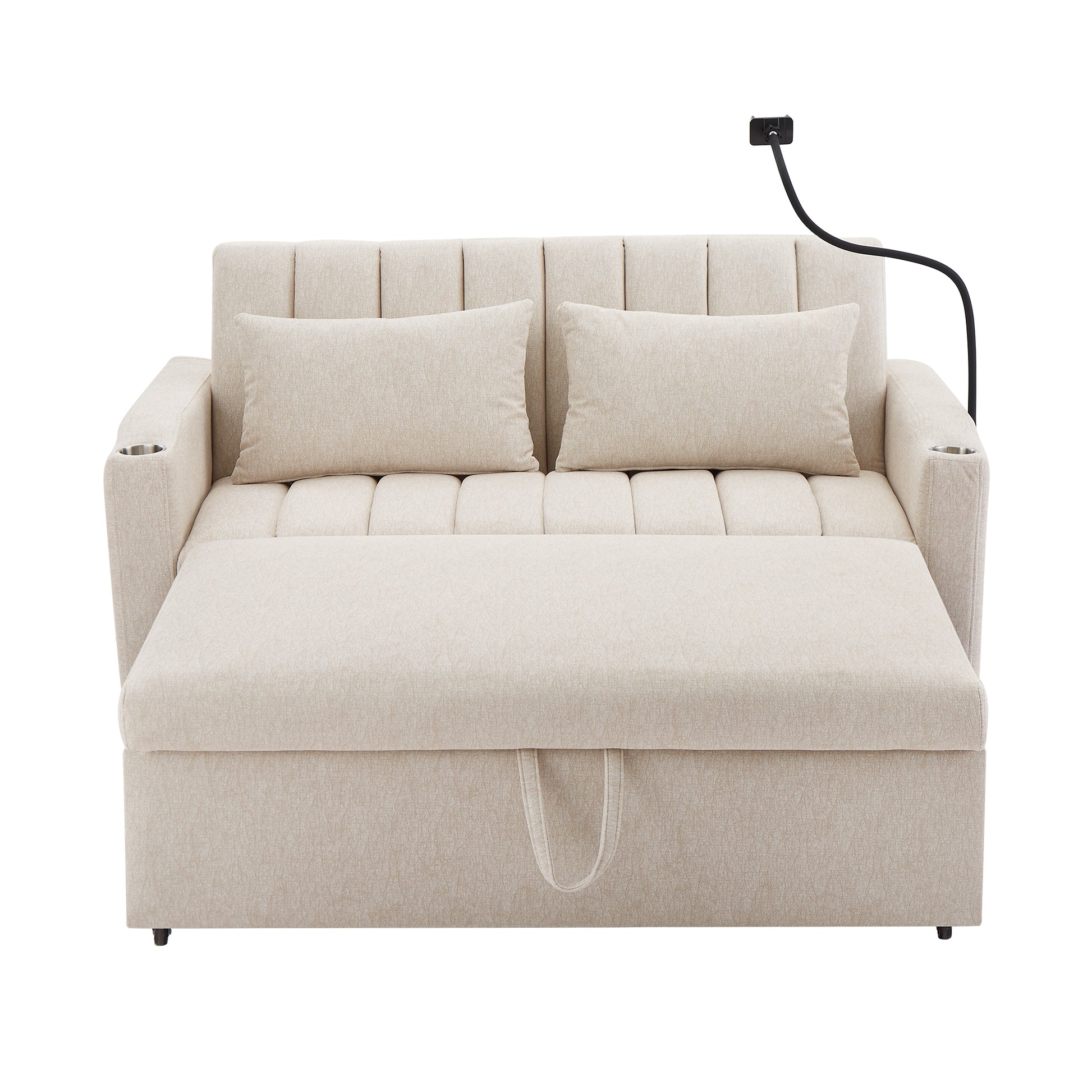 55.9" Convertible Sofa Bed Loveseat Sofa With Three Usb Ports, Two Side Pockets, Two Cup Holders And 360 Swivel Phone Holder For Living Room, Beige Beige Foam Polyester