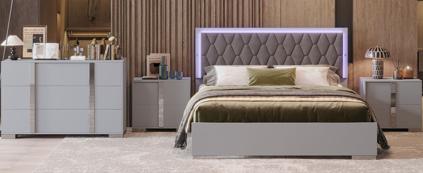 4 Pieces Bedroom Sets Queen Size Upholstered Bed With Led Lights, Mirrored Nightstands And Dresser With Metal Handles And Legs,Grey Queen Grey 4 Piece Set Solid Wood Mdf