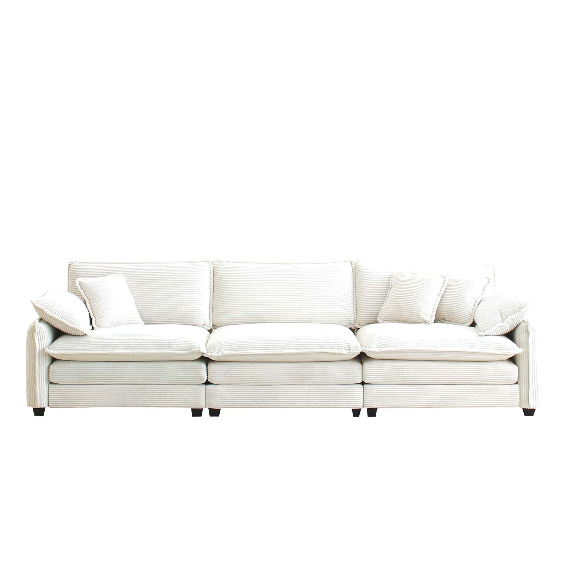 Mid Century Modern 3 Seater Sectional Sofa With 2 Arm Pillows And 3 Throw Pillows, Beige Corduroy Fabric Beige Corduroy 3 Seat