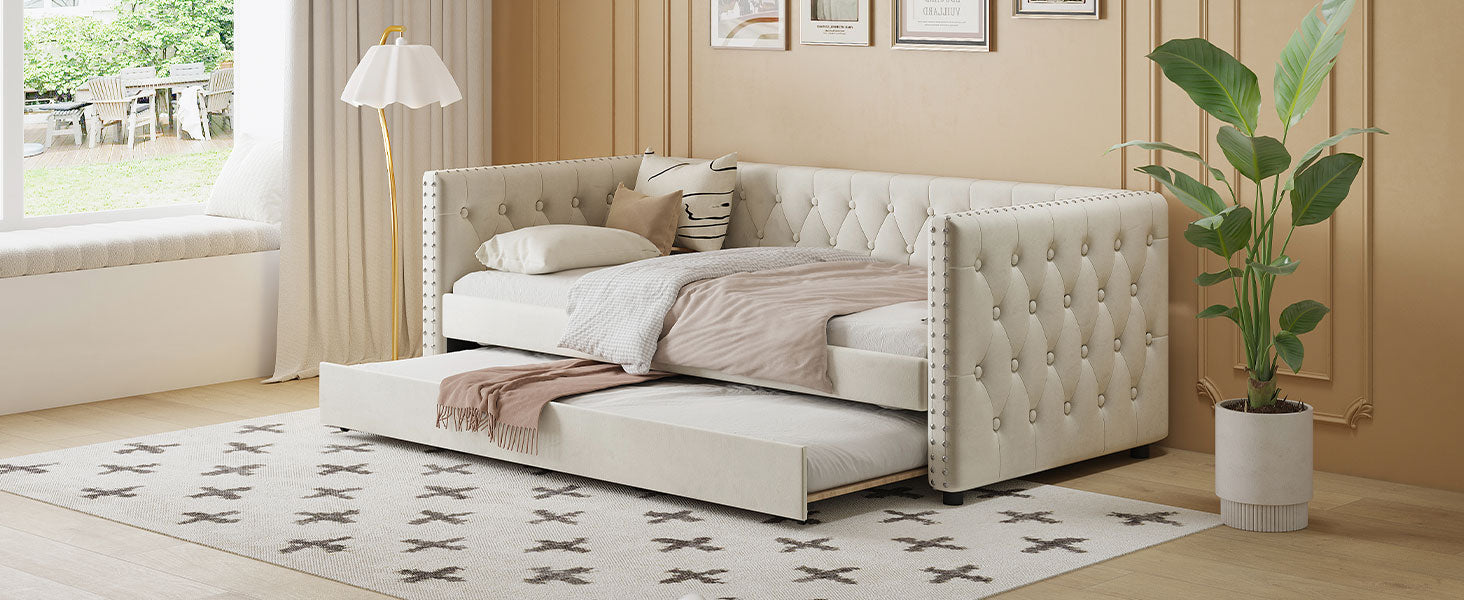 Twin Size Tufted Upholstered Daybed With Trundle, Velvet Sofabed With Rivet Design, No Box Spring Needed,Beige Twin Beige Velvet