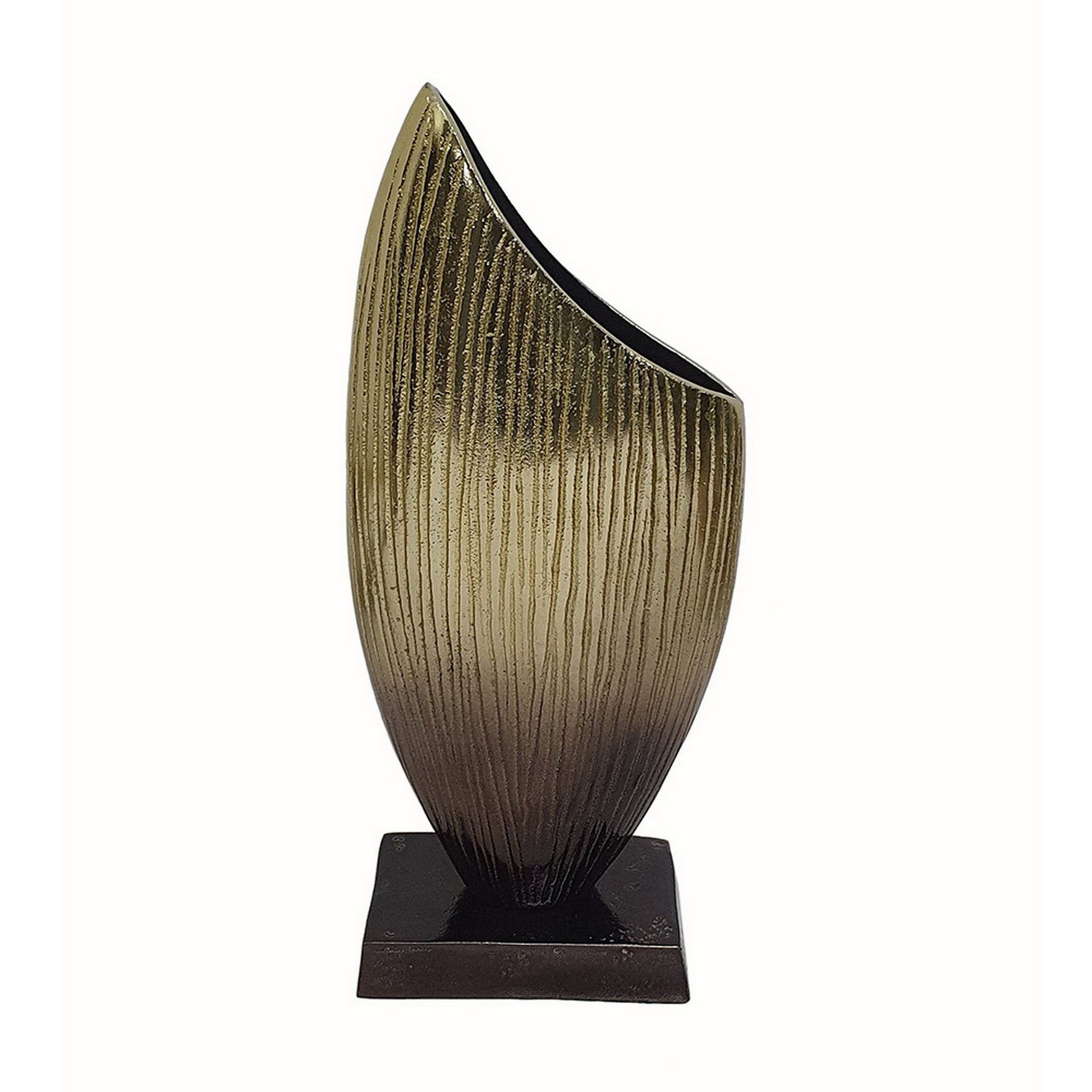 15 Inch Decorative Vase, Aluminum, Vertical Ribbing, Gold And Jet Black Gold Black Aluminium