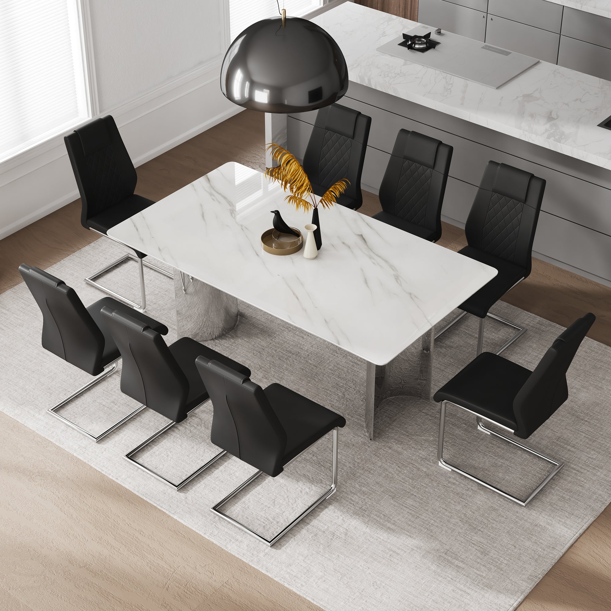 Table And Chair Set, Modern And Minimalist Dining Table. Imitation Marble Glass Sticker Desktop, Stainless Steel Legs, Stable And Beautiful. Comfortable Pu Seats. Dt 69 Black Silver Glass