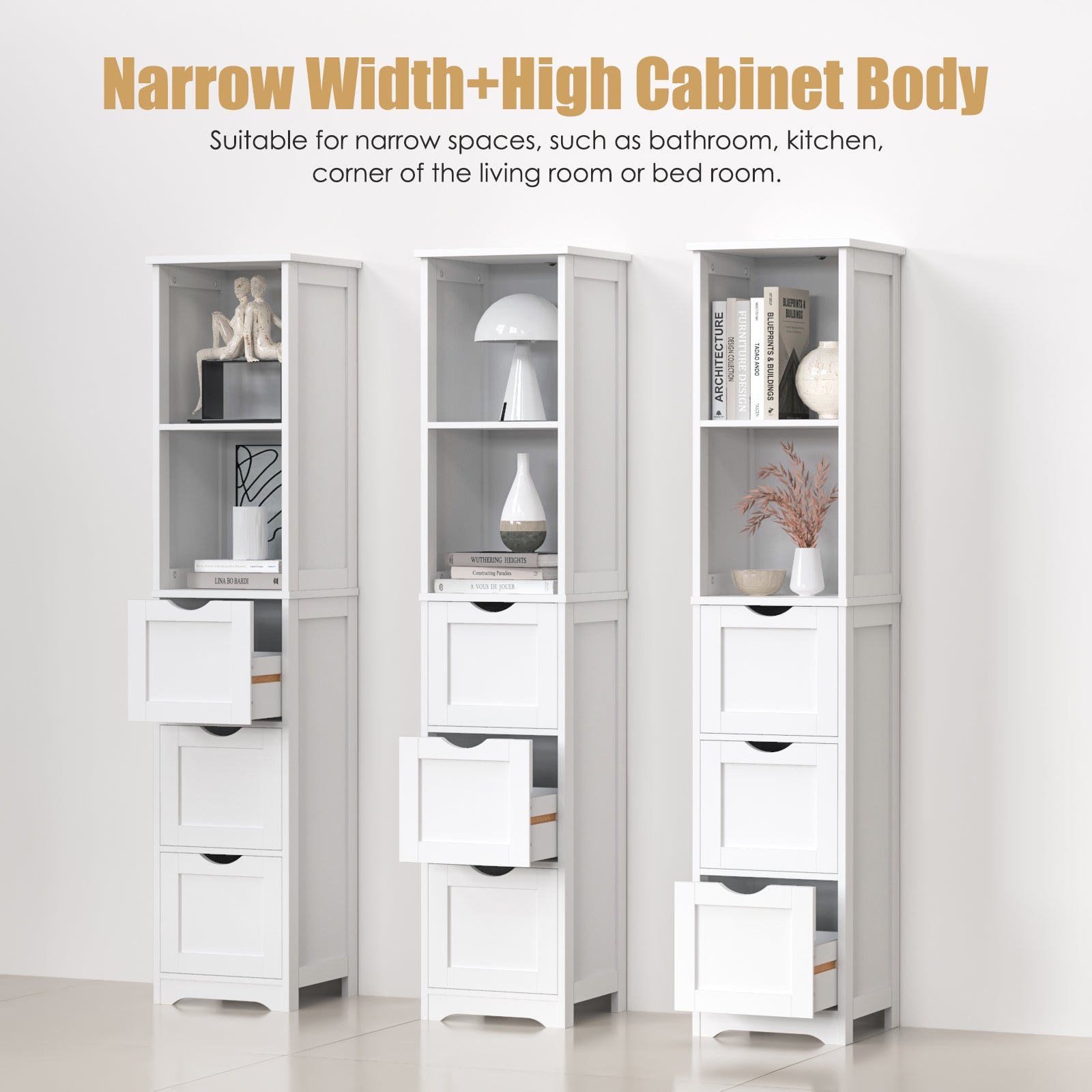 Bathroom Tall Storage Cabinet, Slim Free Standing Cabinet With 3 Drawers And 2 Shelves,Floor Cabinet For Small Space, 11.8" D X 12.6" W X 57.5" H, White Ameican White Oak Rubber Wood