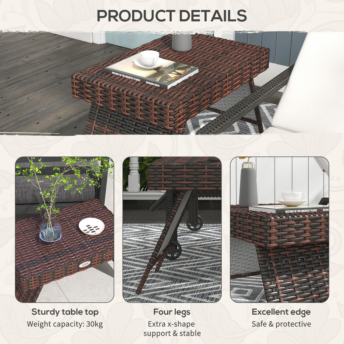 Outsunny Folding Rattan Side Table, Outdoor End Table, Hand Woven Pe Rattan Coffee Table For Balcony, Backyard, Garden, Lawn, Courtyard, Brown Brown Steel