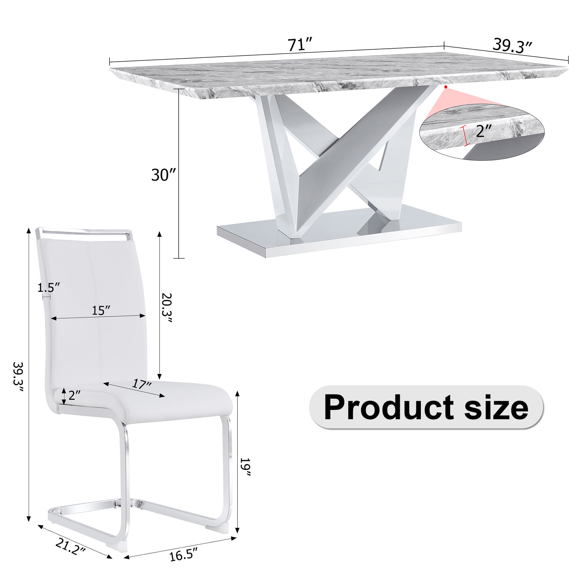 1 Table And 8 Chairs Set.Modern Grey Mdf Faux Marble Dining Table With Double V Shaped Supports.Paired With 8 Modern Pu Artificial Leather Soft Cushion With Silver Metal Legs.F Vv,C 1162 Gray Seats 8 Mdf Metal