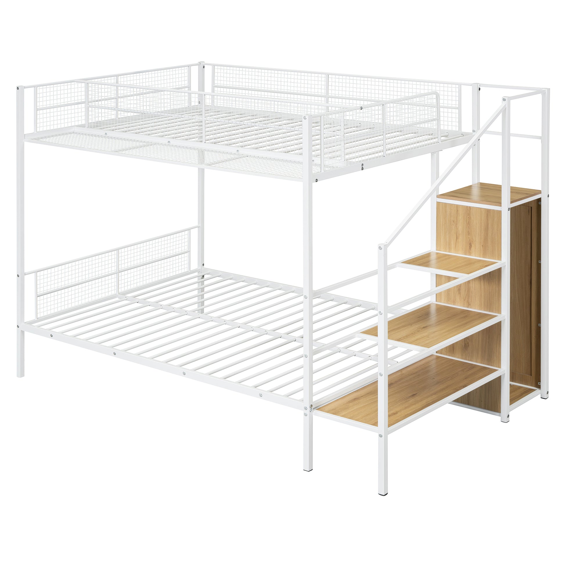 Twin Over Full Metal Bunk Bed With Wire Shelving And Lateral Storage Ladder And Wardrobe, White White Metal