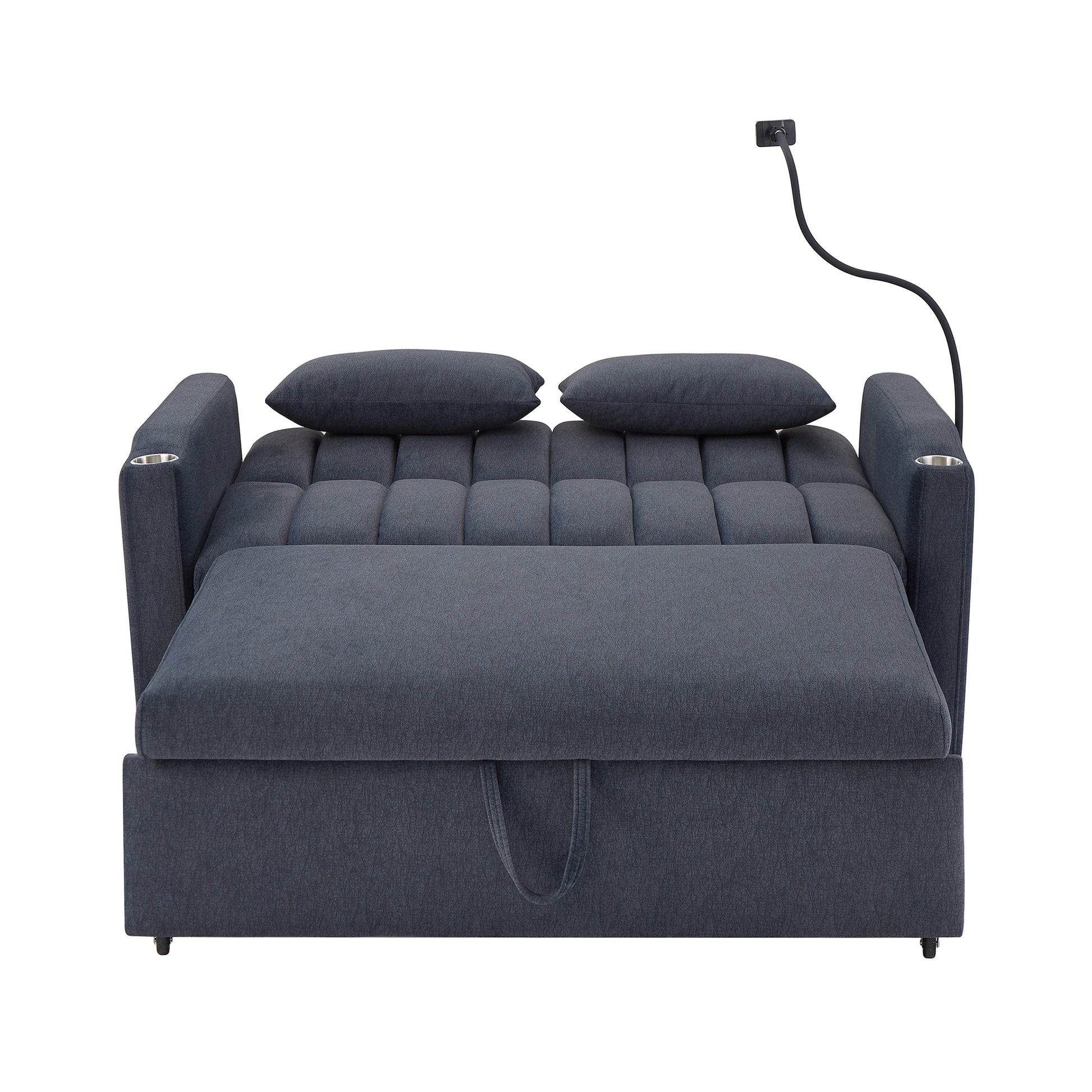 55.9" Convertible Sofa Bed Loveseat Sofa With Three Usb Ports, Two Side Pockets, Two Cup Holders And 360 Swivel Phone Holder For Living Room, Blue Grey Blue Gray Foam Polyester