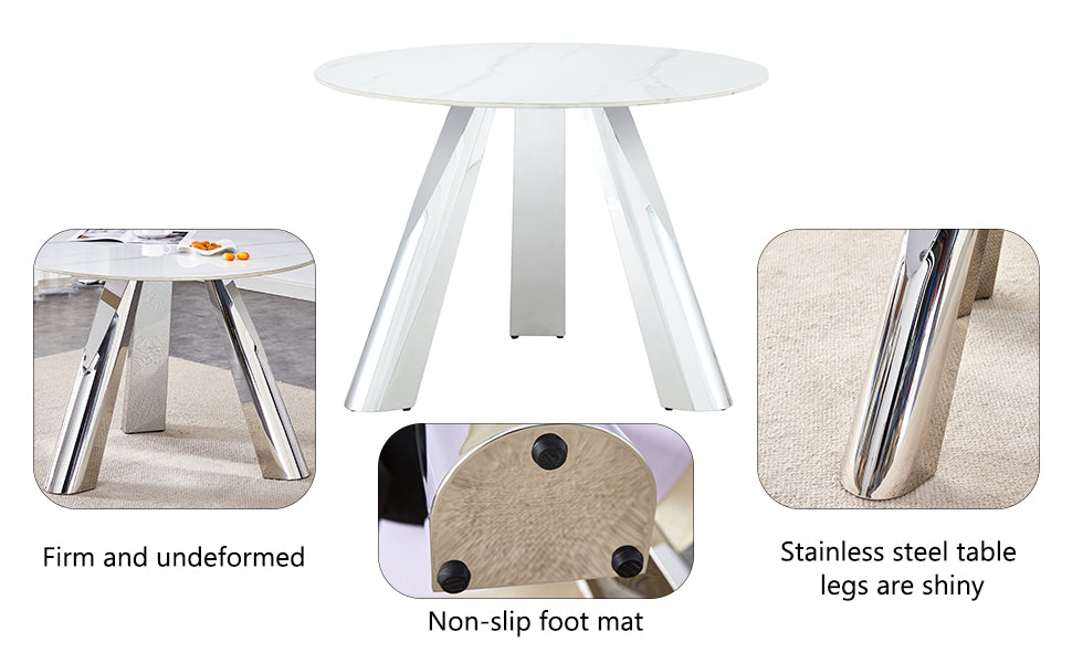 A 42 Inch Stainless Steel Leg Round Table With A Marble Top Is Suitable For Use By Four Or Six People Warm Grey,White Marble Metal,Sintered Stone