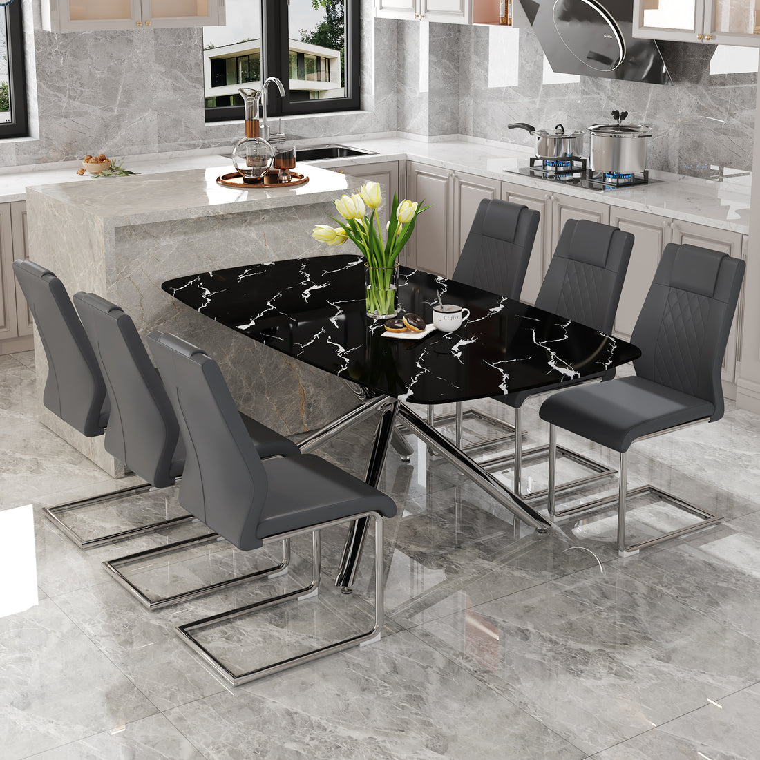 Table And Chair Set.Table And Chair Set.Modern Luxurious Black Marble Patterned Tempered Glass Dining Table With 6 Dark Gray Pu Chairs.Multiple High Quality Pu Dining Chairs With Silver Legs. Dark