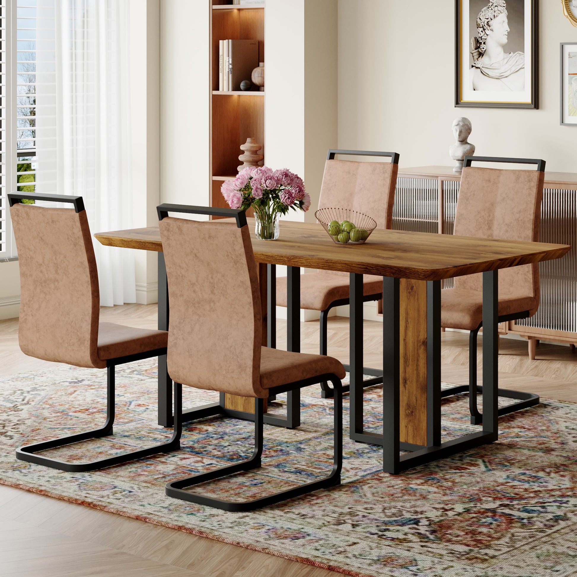 Table And Chair Set.67"X36" Wood Textured Mdf Dining Table Set With 4 Brown Fabric Chairs.Mdf Sticker,Wood Colored Texture Sticker,Black C Tube Dining Chair Legs,Suitable For Kitchen,Dining