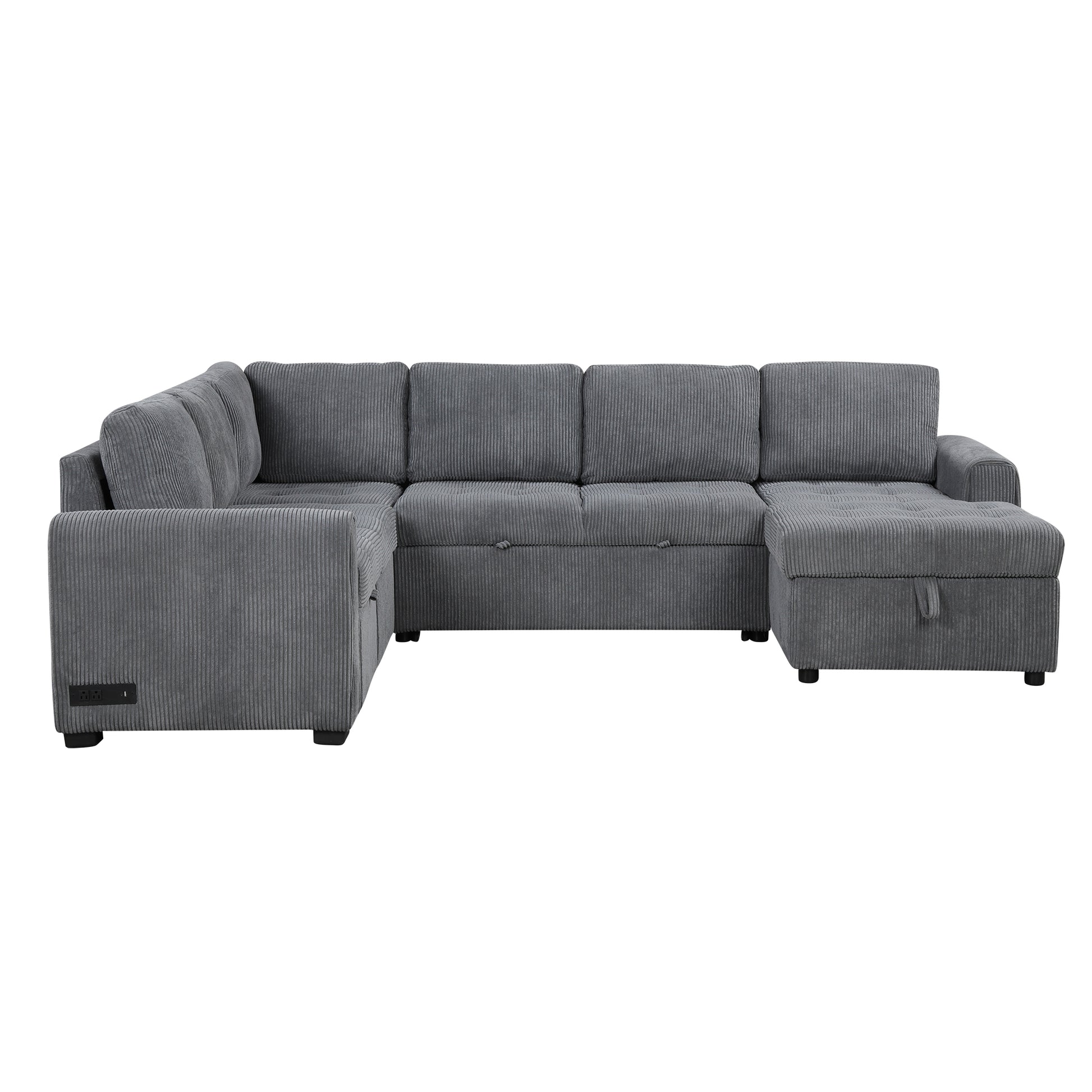 107.5" U Shaped Sofa Sectional Sofa Pull Out Sofa Bed With A Storage Chaise Lounge, Charging Devices For Living Room, Gray Gray Foam Corduroy 5 Seat