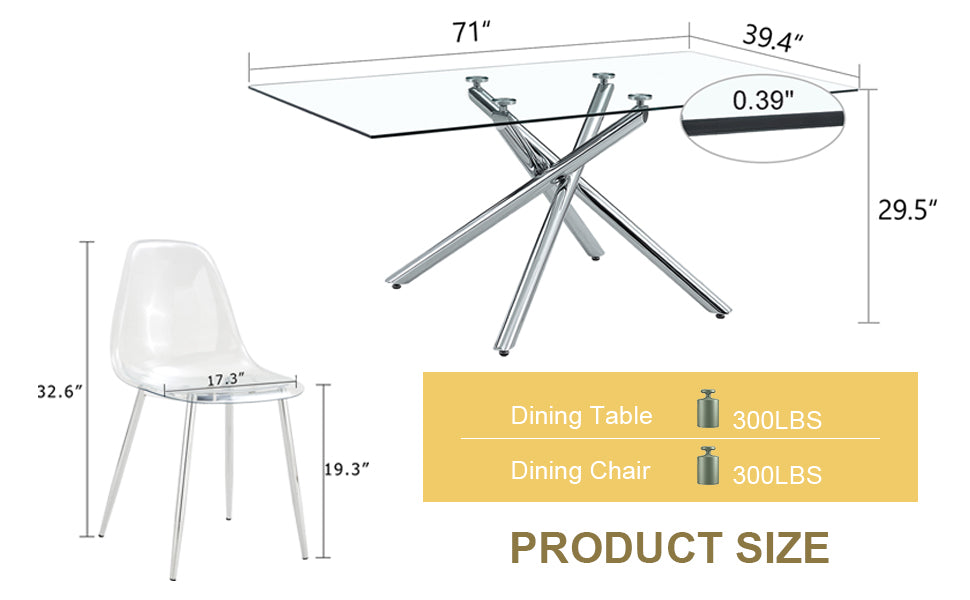 Table And Chair Set.Modern Luxurious Transparent Tempered Glass Dining Table Set With Transparent Pp Chairs.8 Transparent High Quality Pp Dining Chairs With Silver Legs. Transparent Seats 8 Glass