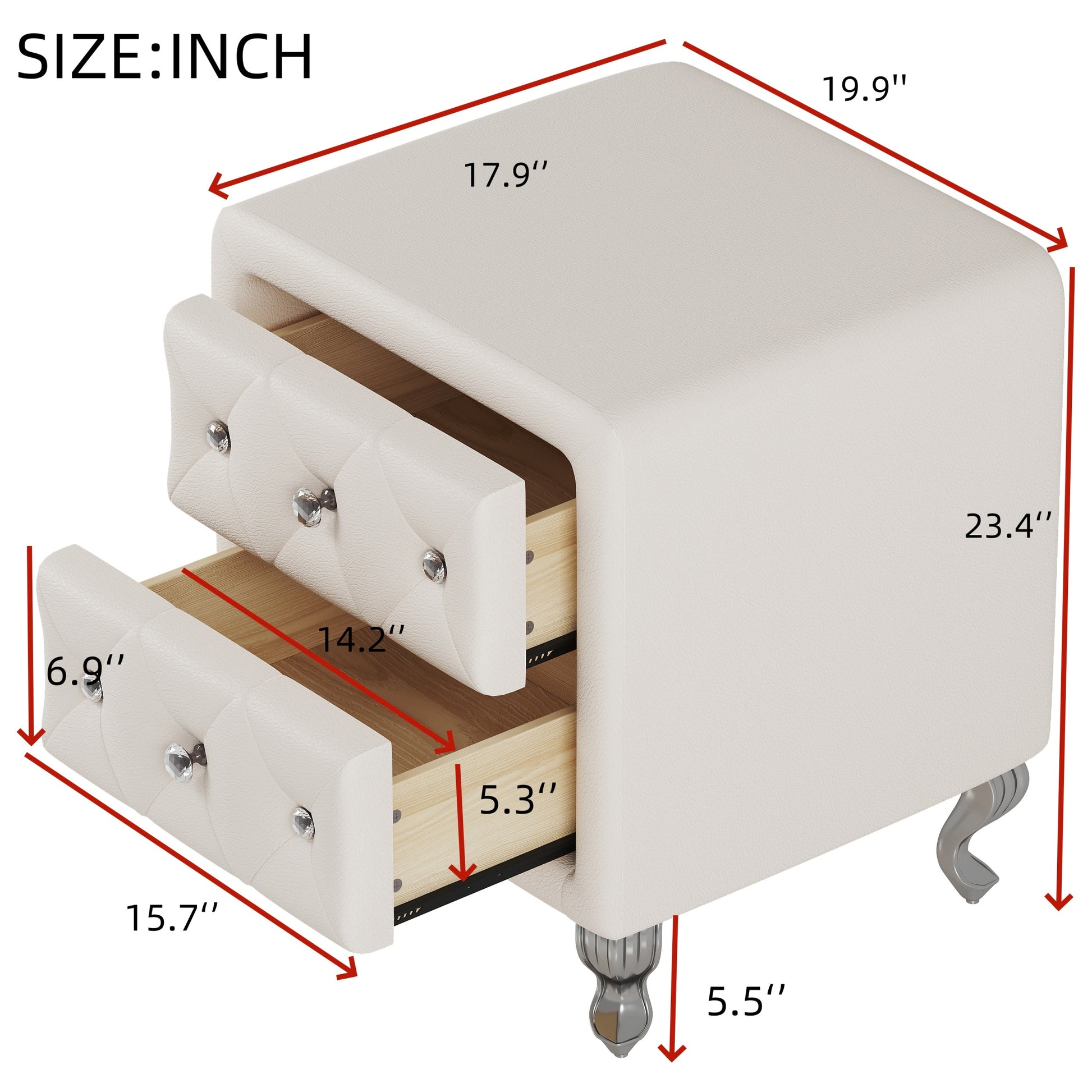 Elegant Pu Nightstand With 2 Drawers And Crystal Handle,Fully Assembled Except Legs&Handles,Storage Bedside Table With Metal Legs White White Pu