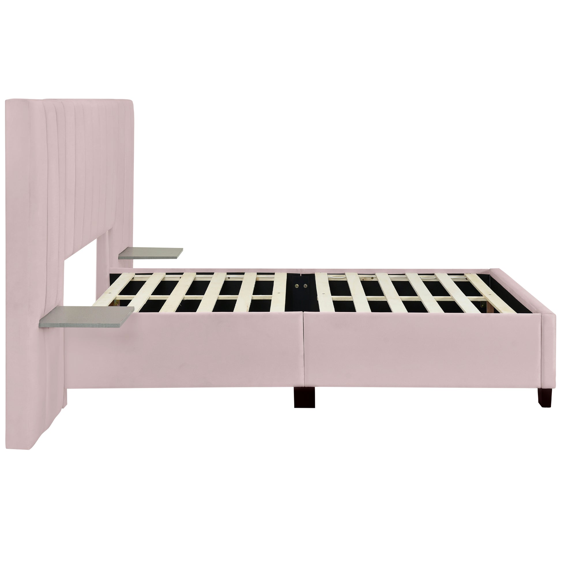 Full Size Upholstered Platform Bed With Big Headboard, Bedroom Furniture, Velvet, Pink Full Pink Plywood