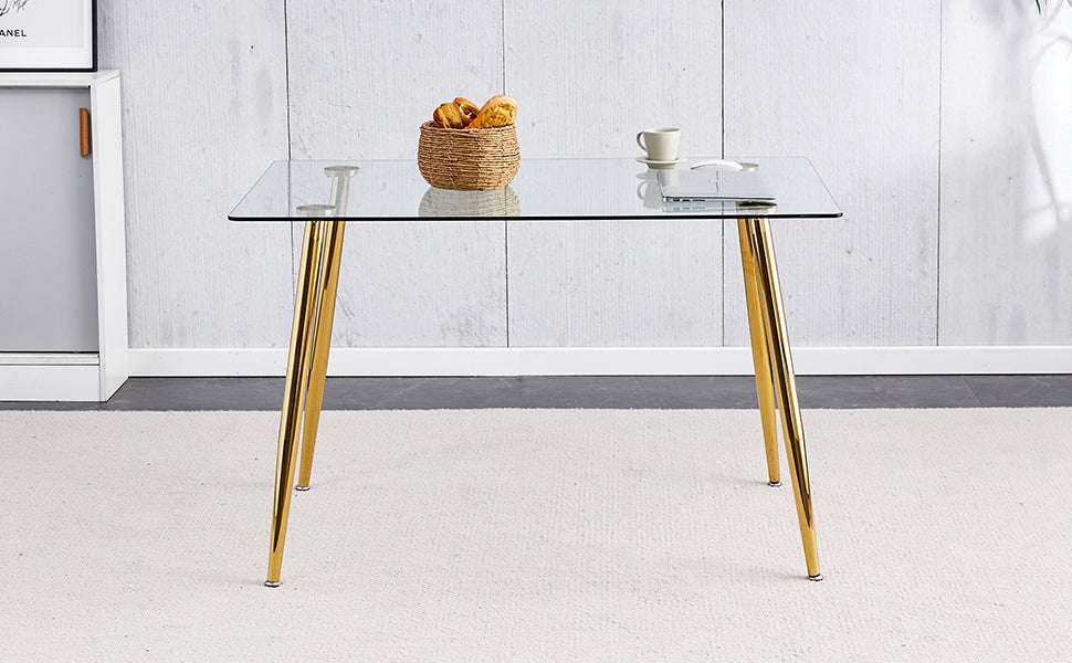 Modern Minimalist Rectangular Glass Dining Table For 4 6 With 0.31" Tempered Glass Tabletop And Golden Plating Metal Legs, Writing Table Desk, For Kitchen Dining Living Room, 51" *31"*30".F 1544 Golden Glass