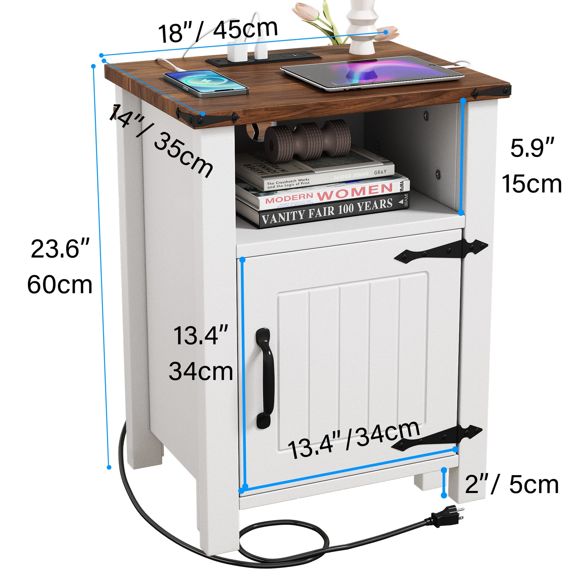 Night Stand Farmhouse Nightstand 18 Inch With Charging Station Usb Type C Port, Modern Couch End Table Side Table With Storage Shelf Magnetic Door Bedside Table For Bedroom Home Antique White Antique White Bedroom Rectangle Farmhouse,Modern Charging