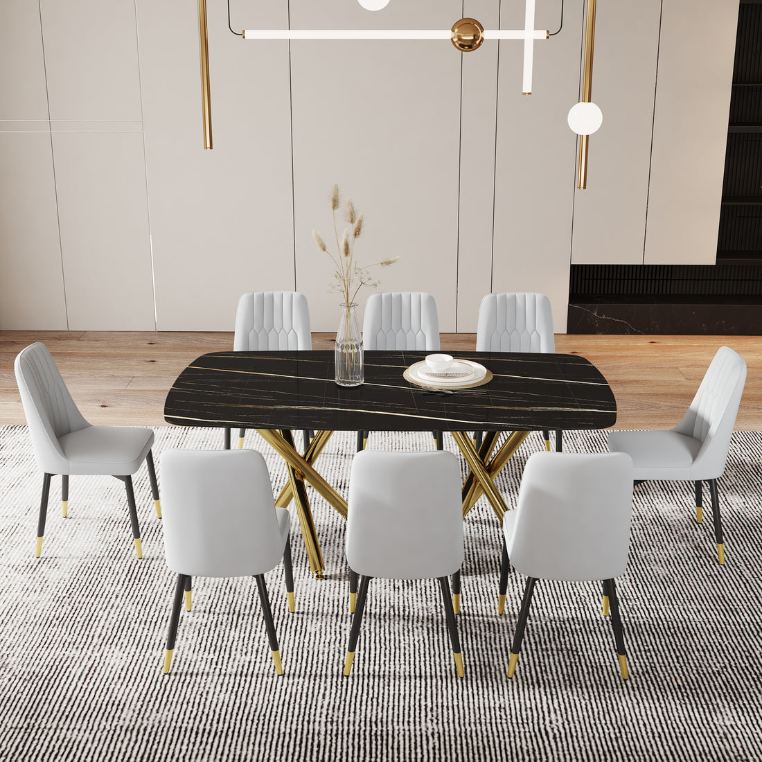 Large Modern Minimalist Rectangular Dining Table With 0.39 "Imitation Marble Black Desktop And Gold Metal Legs, Paired With 8 Chairs With Pu Cushions And Black Metal Legs.F 1538 C 007 Black Gold Glass Metal