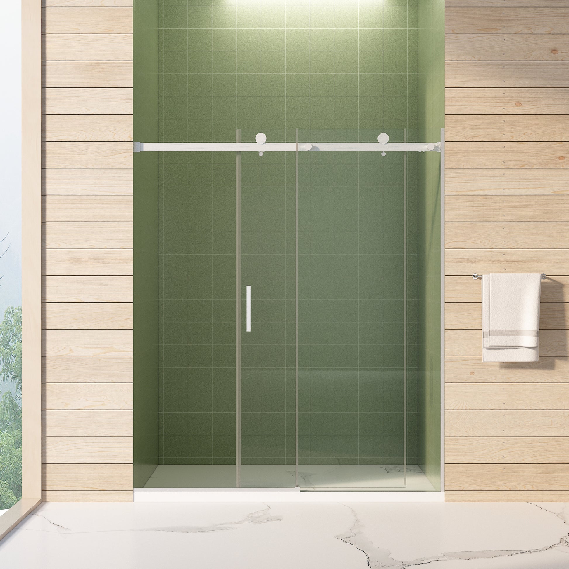 56" 60"W X 70"H Frameless , Sliding , With Premium 5 16" 8Mm Thick Tempered Glass Shower Enclosure,Double Side Easy Clean Coat,Brushed Nickel Finished With Buffer Brushed Nickel Bathroom American