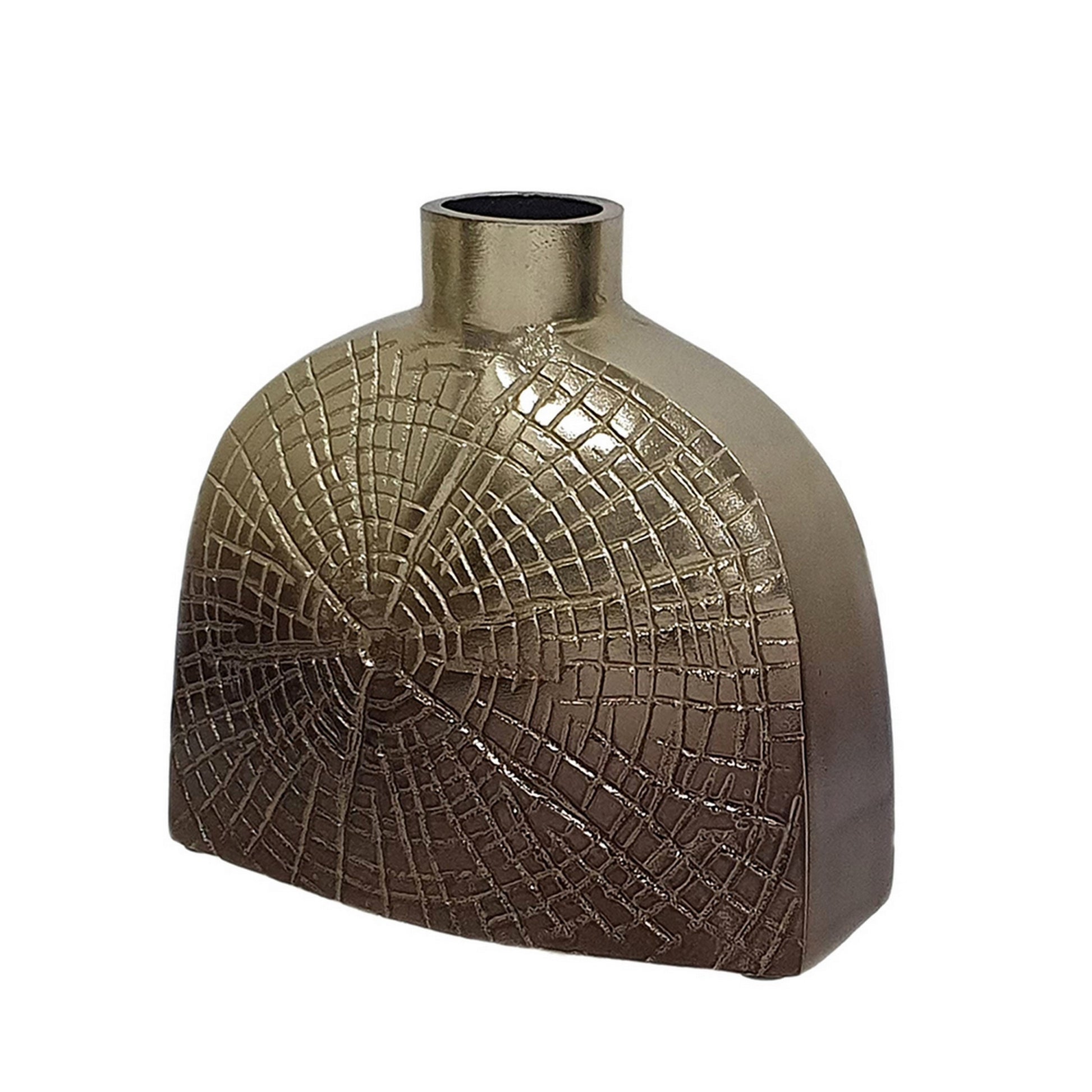 Pece 8 Inch Aluminum Decorative Vase, Webbed Design, Square Base, Gold Gold Aluminum