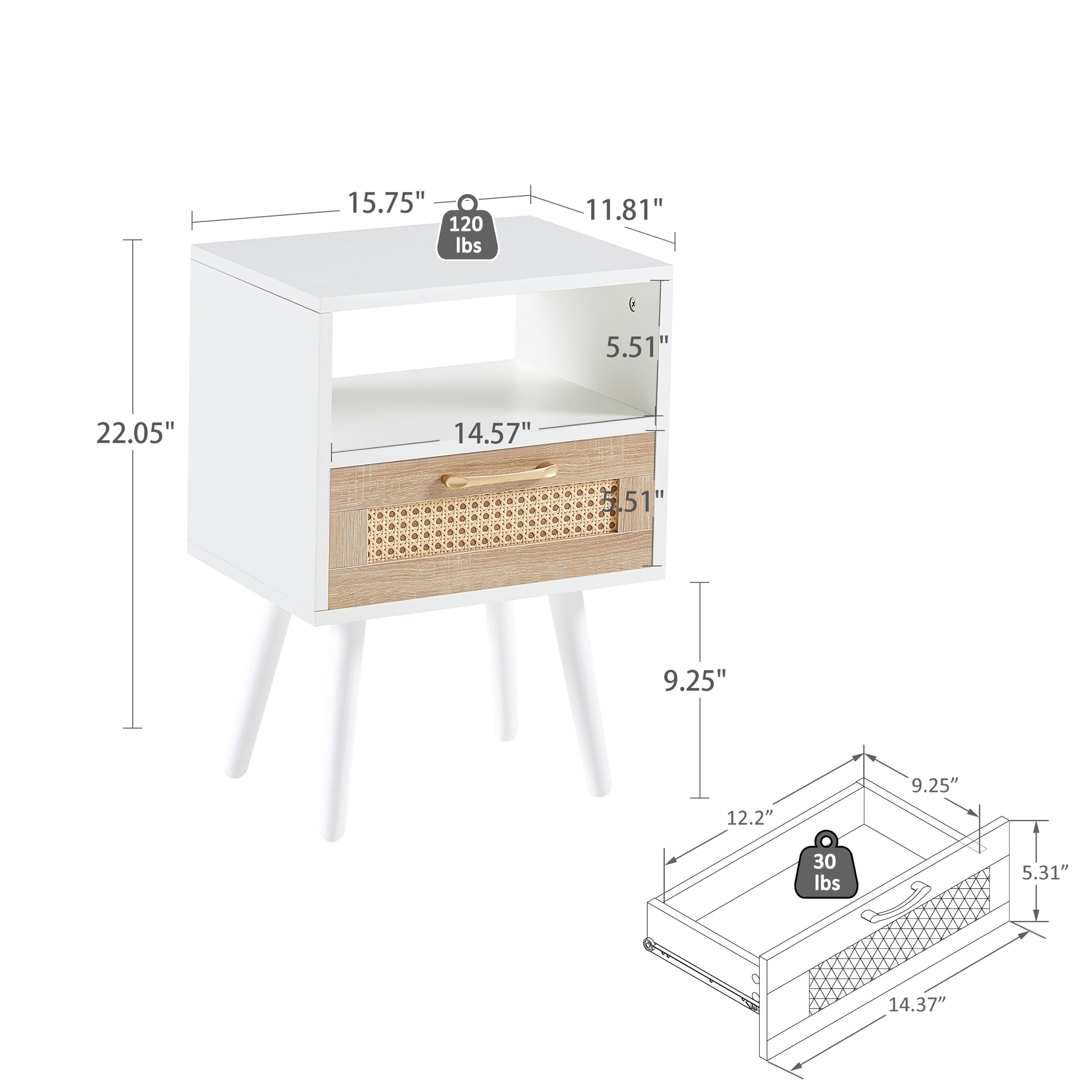 15.75" Rattan End Table With Drawer And Solid Wood Legs, Modern Nightstand, Side Table For Living Room, Bedroom,White White Mdf