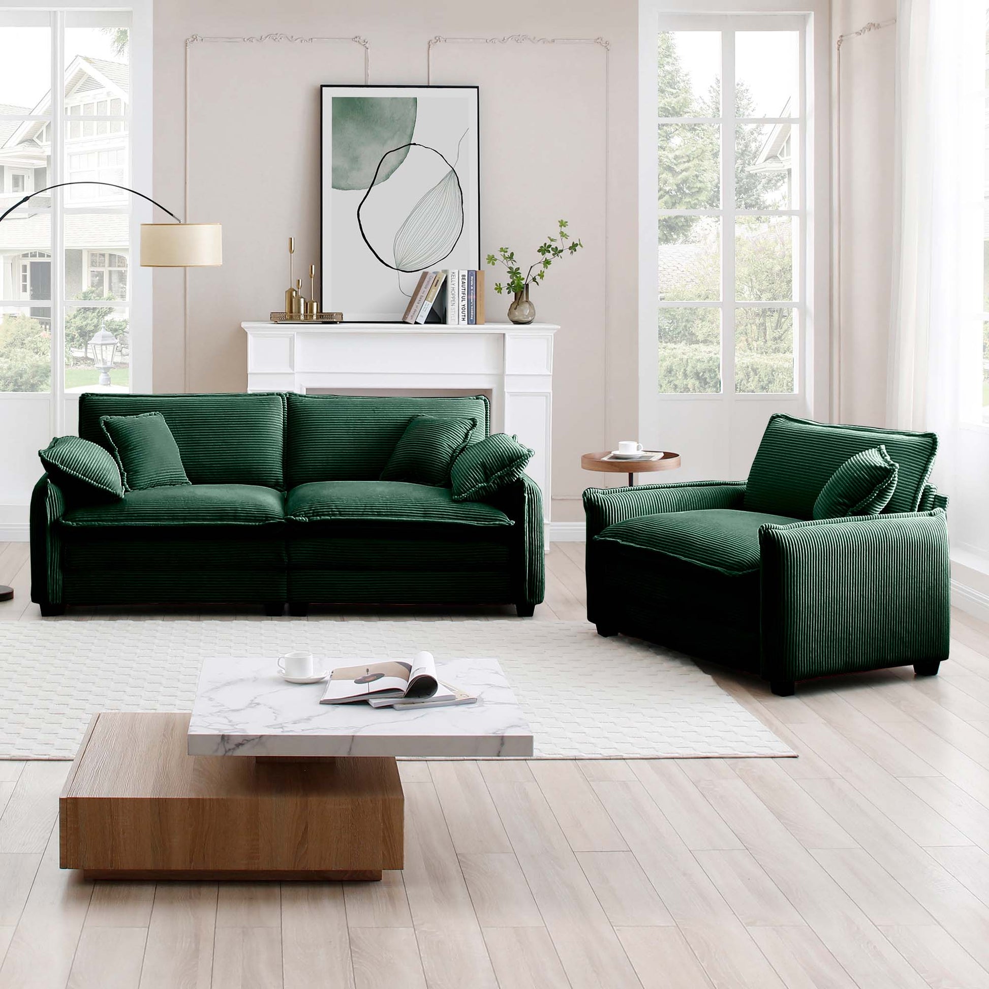 Modern Living Room Sofa Two Pieces Set, Suitable For Living Room And Small Apartment2 Pieces Sofa Set Consists Of A Single Seat Sofa And A 2 Seater Sofas,Green Corduroy Green Corduroy 3 Seat