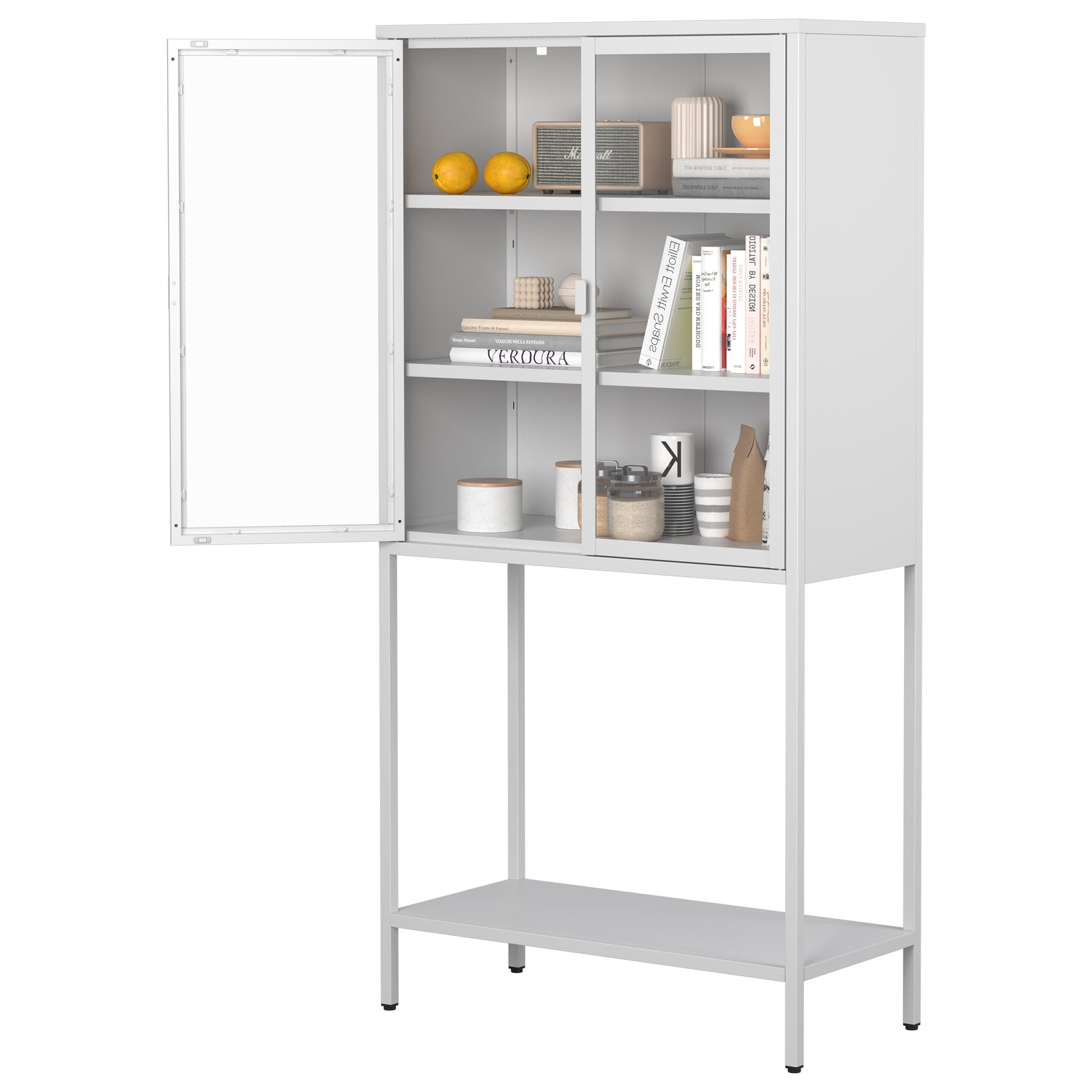 59"H Heavy Duty Metal Storage Cabinet, Display Storage Cabinet With Glass Doors And 2 Adjustable Shelves, Tall Bookcase Modern Bookshelf Cabinet For Home Office, Living Room, Pantry Accent Chests 1 2 Shelves Antique White Primary Living Space Glass Doors