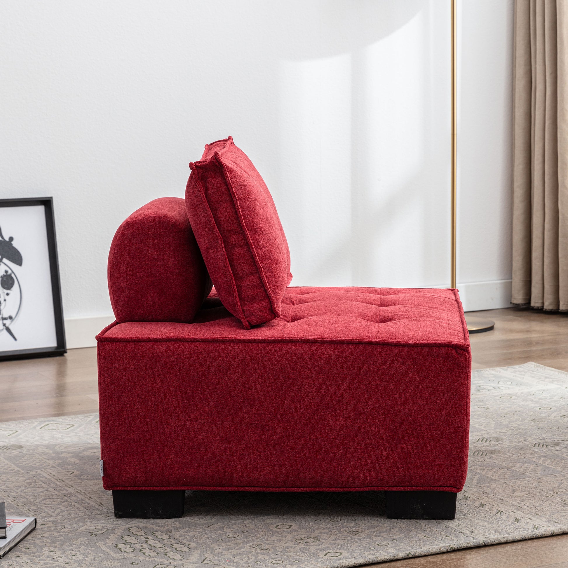 Coolmore Modern Upholstered Chair Leisure Sofa Lazy Sofa Plastic Legs And Pillow Removable Armless Accent Chair For Living Room,Bedroom,Office Rose Red Linen Rose Red Foam Linen