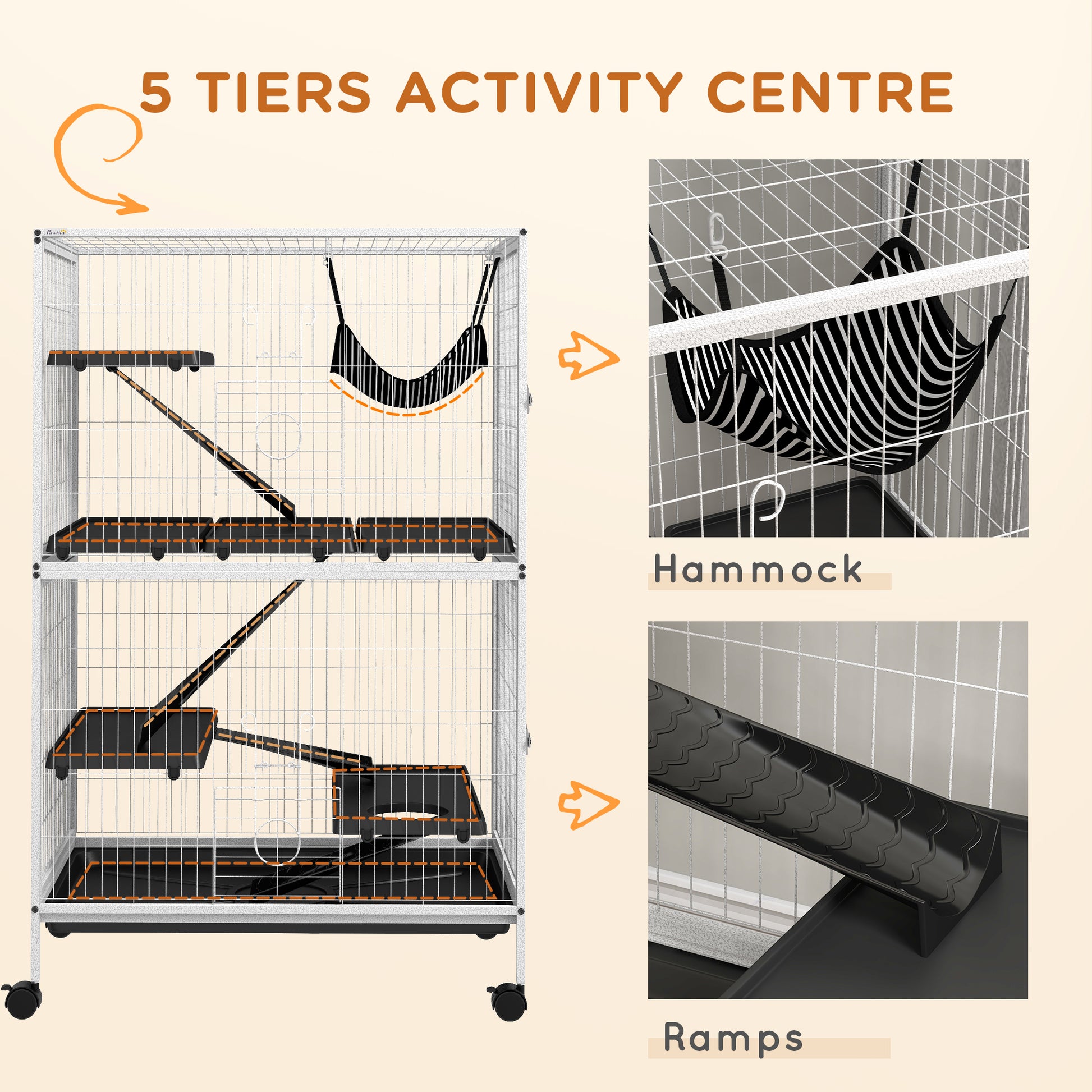 Pawhut 50" H 5 Tier Small Animal Cage, Ferret Cage, Large Chinchilla Cage With Hammock Accessory Heavy Duty Steel Wire, Small Animal Habitat With 4 Doors, Removable Tray, White White Steel