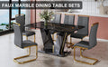 Table And Chair Set,Modern Minimalist Rectangular Dining Table, 0.4 Inch Thick, With A Black Imitation Marble Pattern Glass Desktop And Black Mdf Legs. Comfortable Pu Seats,Perfect For Dinner, Meet Grey Black Seats 6 Mdf Glass