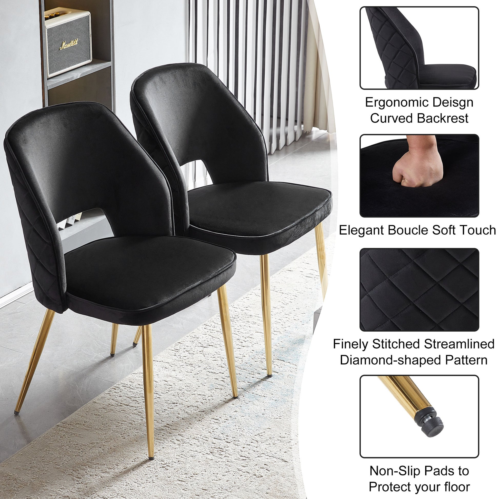 Black Velvet Dining Chairs With Metal Legs And Hollow Back Upholstered Dining Chairs Set Of 4 Metal Black Dining Room Foam Dry Clean Modern Dining Chairs Velvet