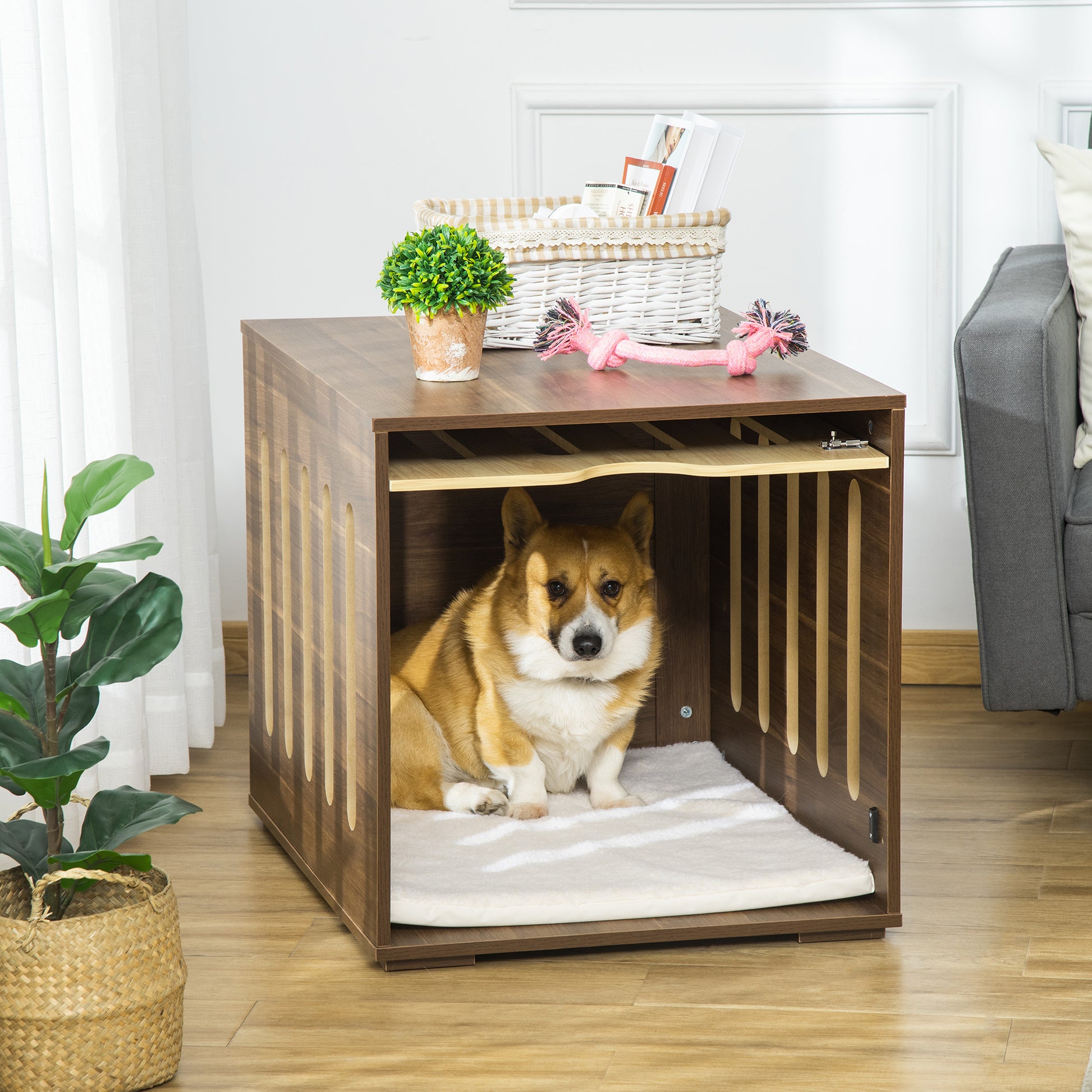 Pawhut Furniture Style Dog Crate End Table With Removable Door Panel, Dog Crate Bed With Foam Cushion, Safety Lock, Indoor Use, For Small & Medium Dogs, Brown Brown Mdf