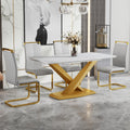 Table And Chair Set, The Table Is Equipped With A Marble Patterned Mdf Tabletop And Gold Table Legs.The Chair Is Equipped With Pu Synthetic Leather High Back Cushion And Gold Coated Metal Legs. Grey Gold Seats 4 Mdf Metal