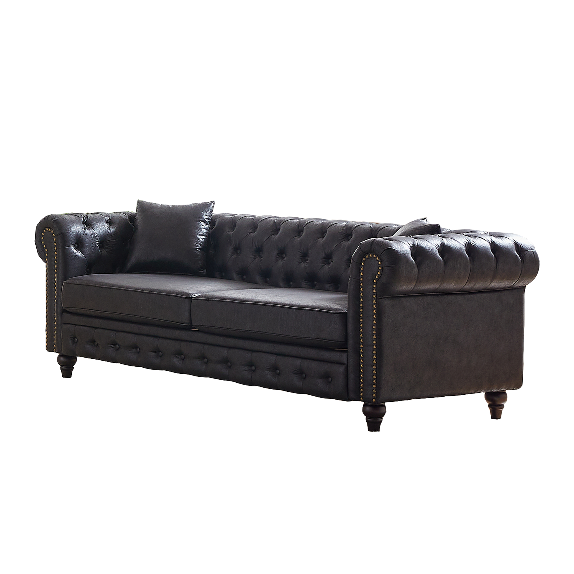 Fx 85.5"Living Room With Tech Fabric Chesterfield Sofa With Rolled Arms 3 Seater Sofa With Button Design And 2 Cushions For Apartment, Office, Living Room Black Wood Primary Living Space Pine Foam Fabric 3 Seat