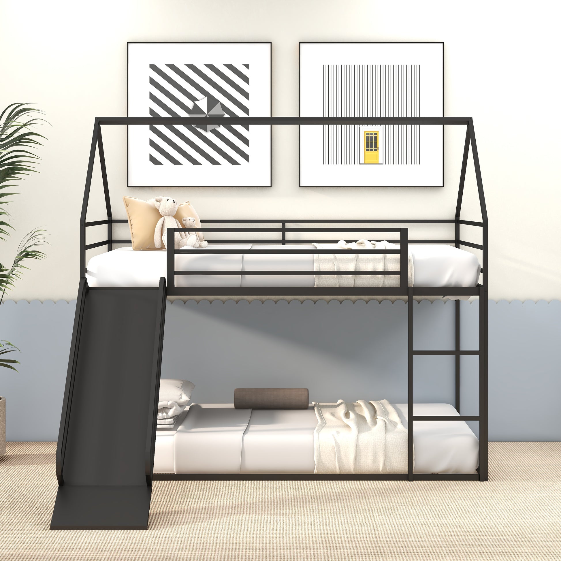 Twin Over Twin House Bed With Ladder And Slider Twin Black Steel