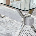 Dining Table. Modern Tempered Glass Dining Table. Large Modern Office Desk With Silver Plated Metal Legs And Mdf Crossbars, Suitable For Both Home And Office Use. Kitchen. 71 ''X35.4''X30 '' 1105 Transparent Glass