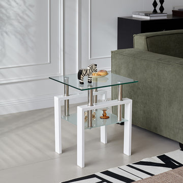 White Tempered Clear Glass End Table, 2 Layers Small Table With Storage, Living Room Side Table Clear Tempered Glass
