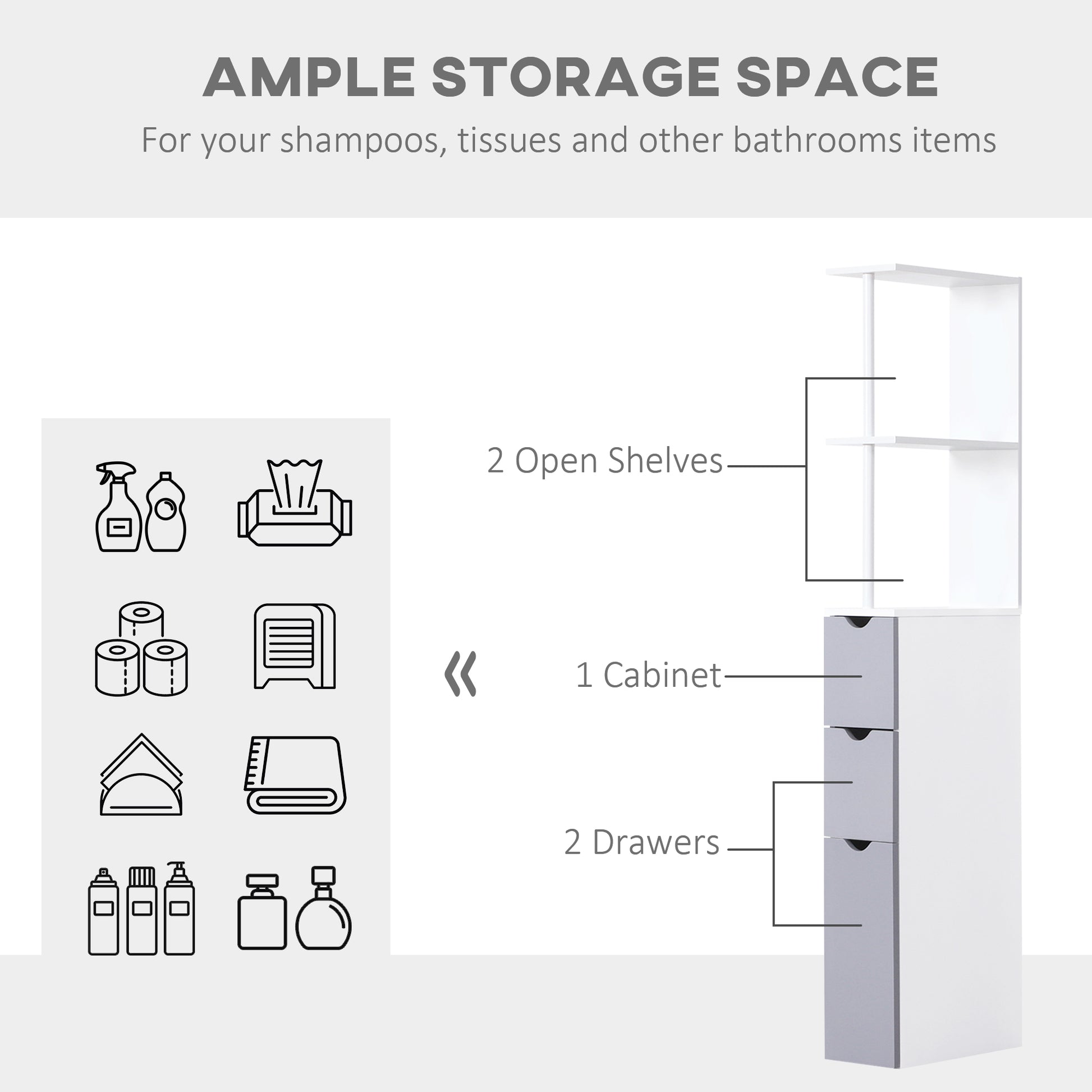 Homcom 54" Tall Bathroom Storage Cabinet, Freestanding Linen Tower With 2 Tier Shelf And Drawers, Narrow Side Floor Organizer, White White Mdf