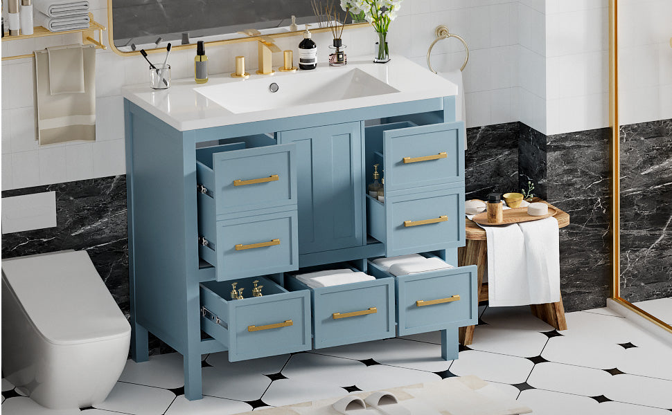 36'' Bathroom Vanity With Resin Sink Combo, Solid Wood Frame Bathroom Storage Cabinet, Freestanding Vanity Set With 5 Drawers& Soft Closing Doors Same As Sw000142Aam Blue Bathroom Solid Wood Mdf Resin