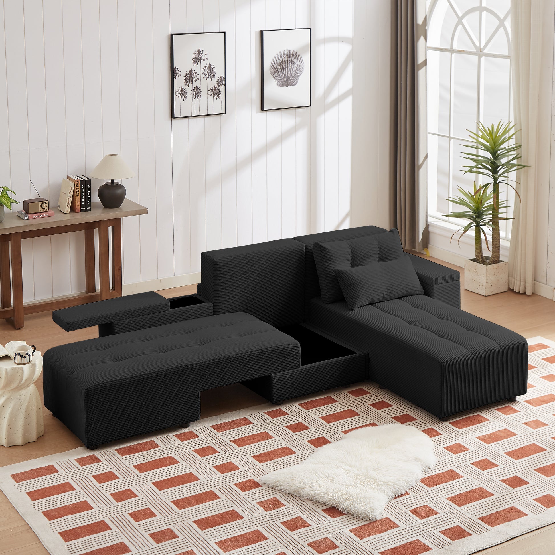 Convertible 3 In 1 Sleeper Sofa And Sectional Sofa With 4 Storage Space For Living Room,Corduroy Couch With 4 Pillows,Corduroy Black Corduroy 3 Seat