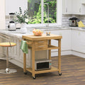 Homcom Bamboo Kitchen Island Cart On Wheels, Utility Trolley Cart With 2 Storage Drawers And Open Shelves, Bamboo Tone Natural Bamboo